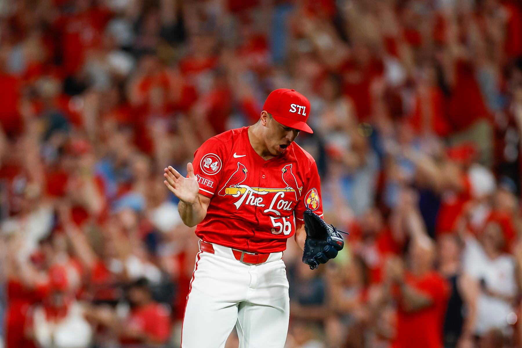 ST LOUIS, MISSOURI - JUNE 28: Ryan Helsley #56 of the St. Louis Cardinals celebrates after the final out for a save in the ninth inning against the Cincinnati Reds at Busch Stadium on June 28, 2024 in St Louis, Missouri. (Photo by Brandon Sloter/Image Of Sport/Getty Images)
