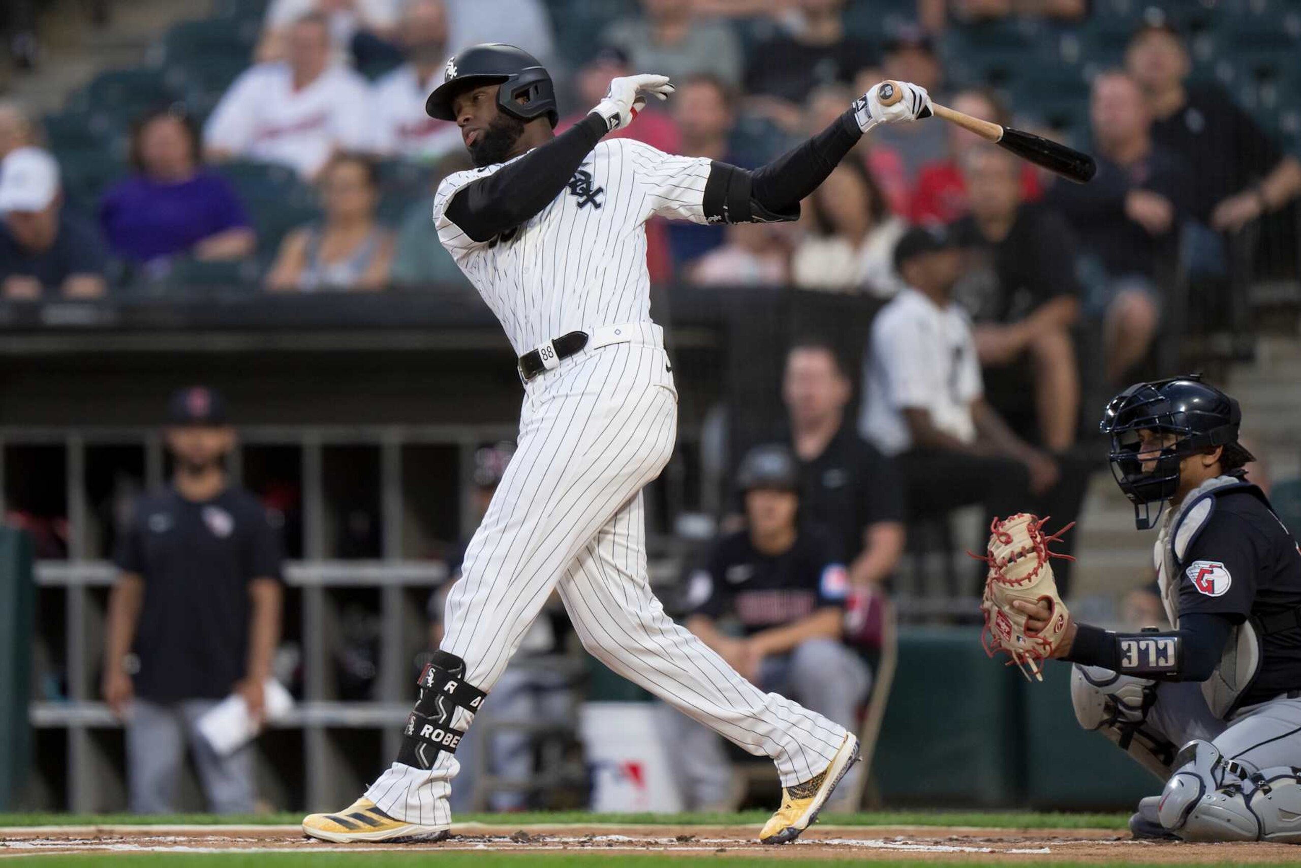 CHICAGO, ILLINOIS - SEPTEMBER 10: Luis Robert Jr #88 of the Chicago White Sox bats in a game against the Cleveland Guardians at Guaranteed Rate Field on September 10, 2024 in Chicago, Illinois. (Photo by Matt Dirksen/Getty Images)