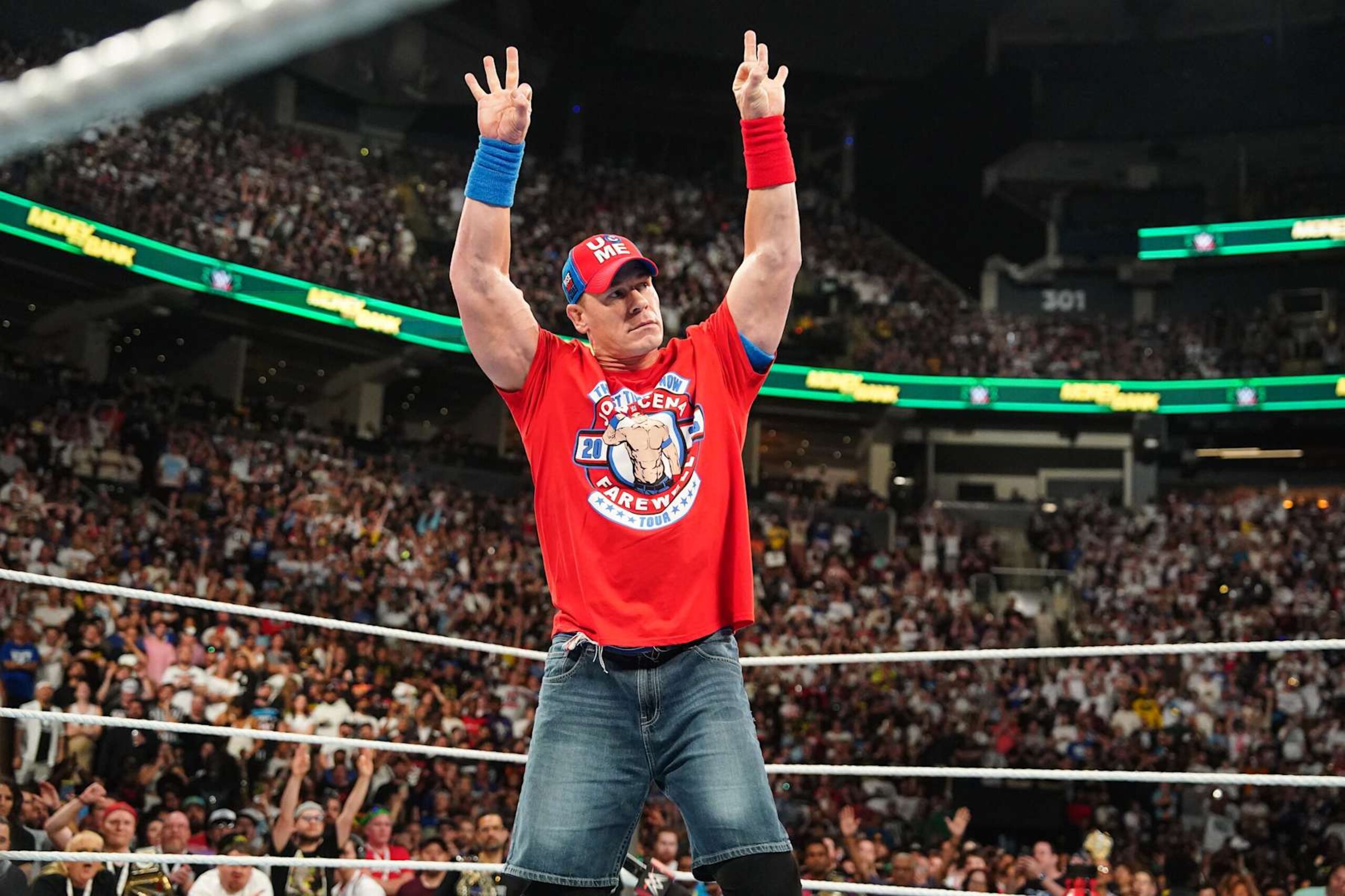 TORONTO, CANADA - JULY 6: John Cena makes his way to the ring during Money in the Bank at Scotiabank Arena on July 6, 2024 in Toronto, Ontario.  (Photo by WWE/Getty Images)