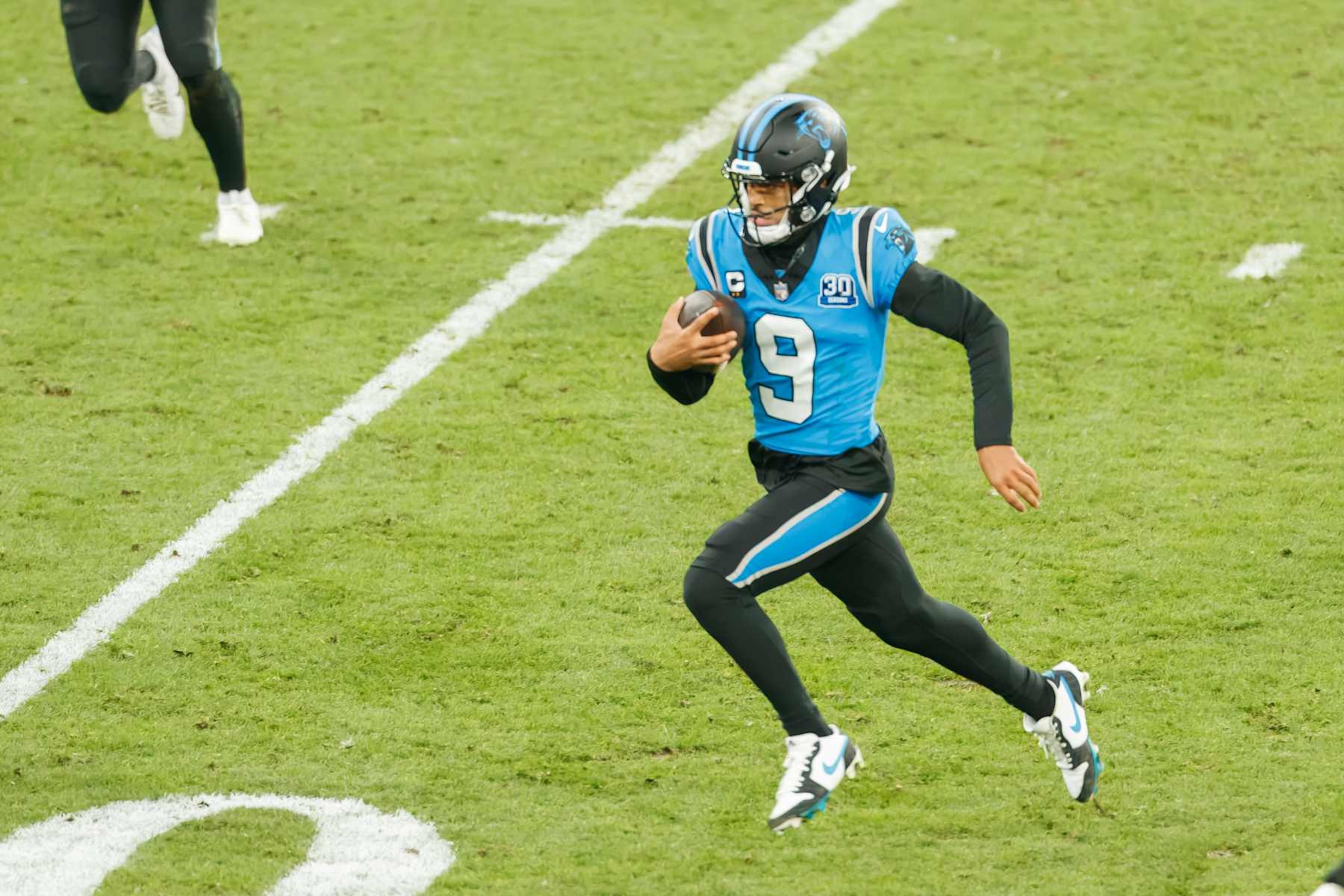 Munich, Germany - November 10: Bryce Young of Carolina Pamthers rushes during the NFL Munich Game 2024 between New York Giants and Carolina Panthers at Allianz Arena on November 10, 2024 in Munich, Germany. (Photo by Mario Hommes/DeFodi Images via Getty Images)