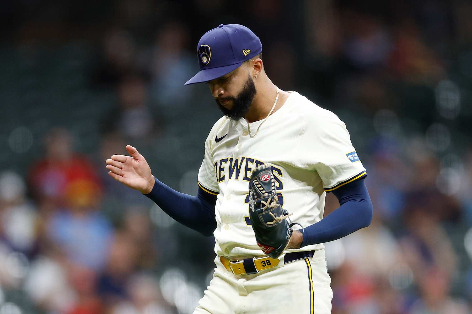 MILWAUKEE, WISCONSIN - SEPTEMBER 03: Devin Williams #38 of the Milwaukee Brewers reacts after striking out a batter in the ninth inning against the St. Louis Cardinals at American Family Field on September 03, 2024 in Milwaukee, Wisconsin. (Photo by John Fisher/Getty Images)