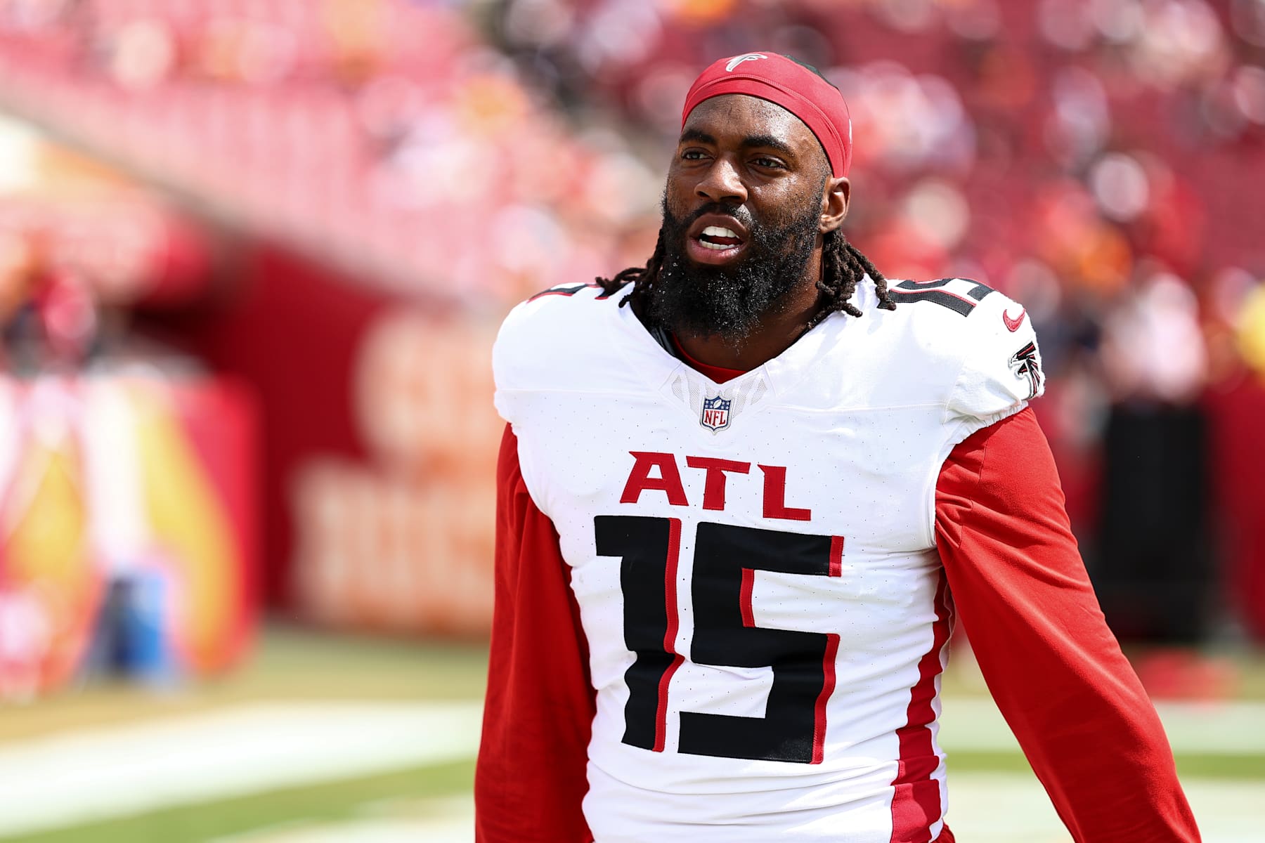 TAMPA, FLORIDA - OCTOBER 27: Matthew Judon #15 of the Atlanta Falcons walks off the field prior to an NFL football game against the Tampa Bay Buccaneers at Raymond James Stadium on October 27, 2024 in Tampa, Florida. (Photo by Kevin Sabitus/Getty Images)