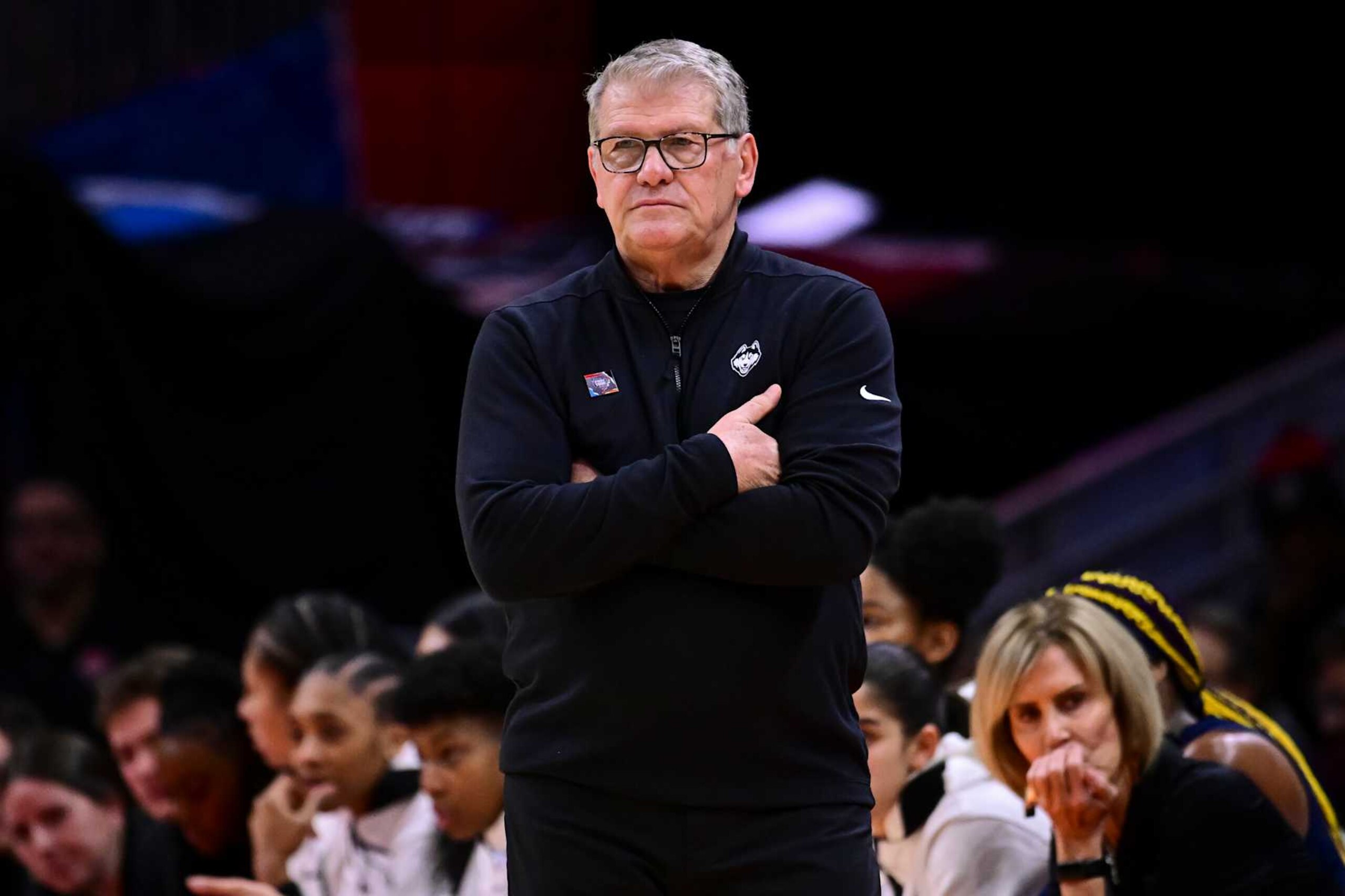 CLEVELAND, OHIO - APRIL 5: Head coach Geno Auriemma of the UConn Huskies looks on against the Iowa Hawkeyes during the NCAA Women's Basketball Tournament Final Four semifinal game at Rocket Mortgage Fieldhouse on April 5, 2024 in Cleveland, Ohio. (Photo by Ben Solomon/NCAA Photos via Getty Images)