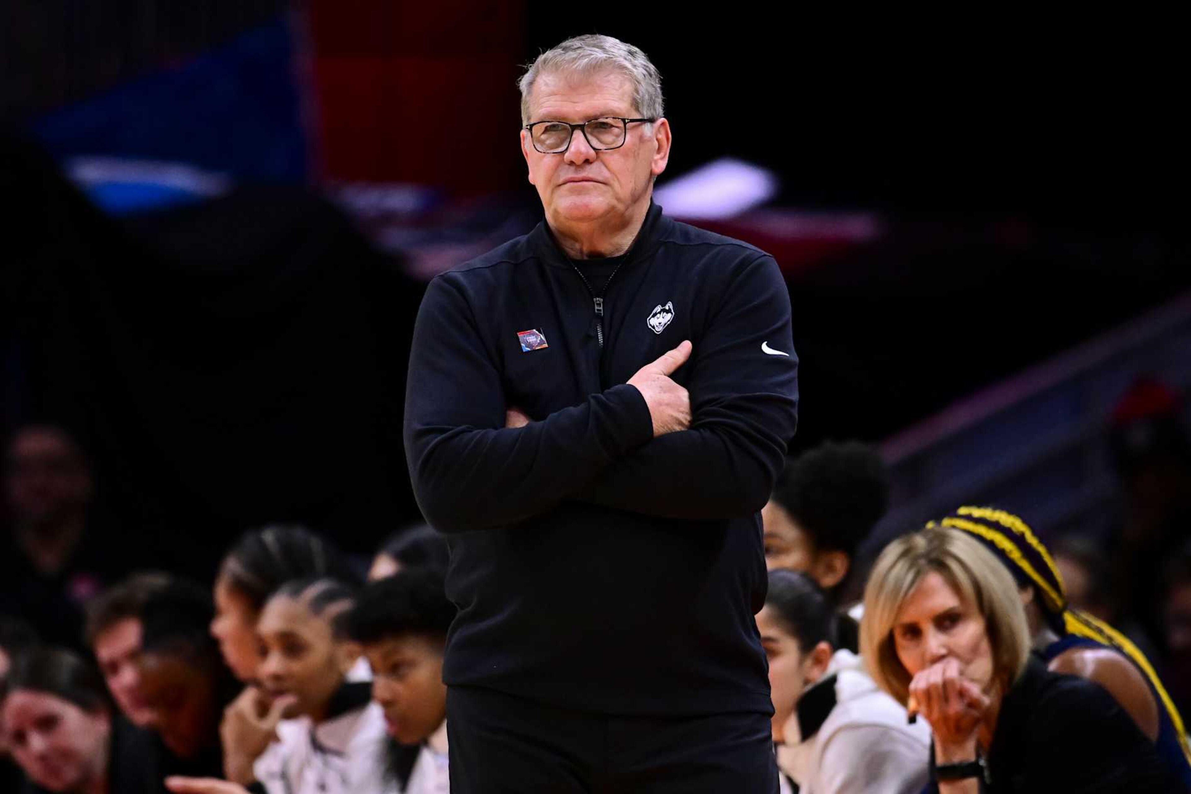 CLEVELAND, OHIO - APRIL 5: Head coach Geno Auriemma of the UConn Huskies looks on against the Iowa Hawkeyes during the NCAA Women's Basketball Tournament Final Four semifinal game at Rocket Mortgage Fieldhouse on April 5, 2024 in Cleveland, Ohio. (Photo by Ben Solomon/NCAA Photos via Getty Images)