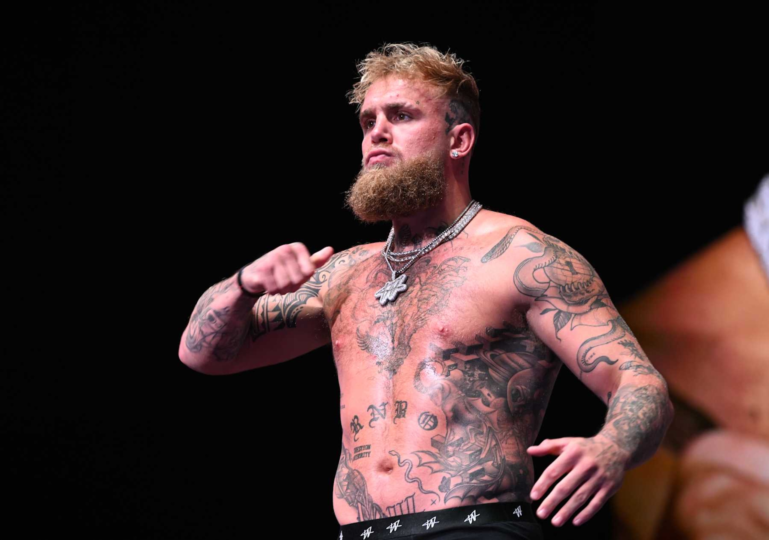 IRVING, TEXAS - NOVEMBER 14: Jake Paul gets on scale during Weigh-In at the Toyota Music Factory in Irving, Texas on November 14, 2024 ahead of his match with Mike Tyson for heavyweight world titles of the Premiere Boxing Championship which will be on November 15 Friday night at AT&T Stadium in Arlington, Texas, United States. (Photo by Tayfun Coskun/Anadolu via Getty Images)