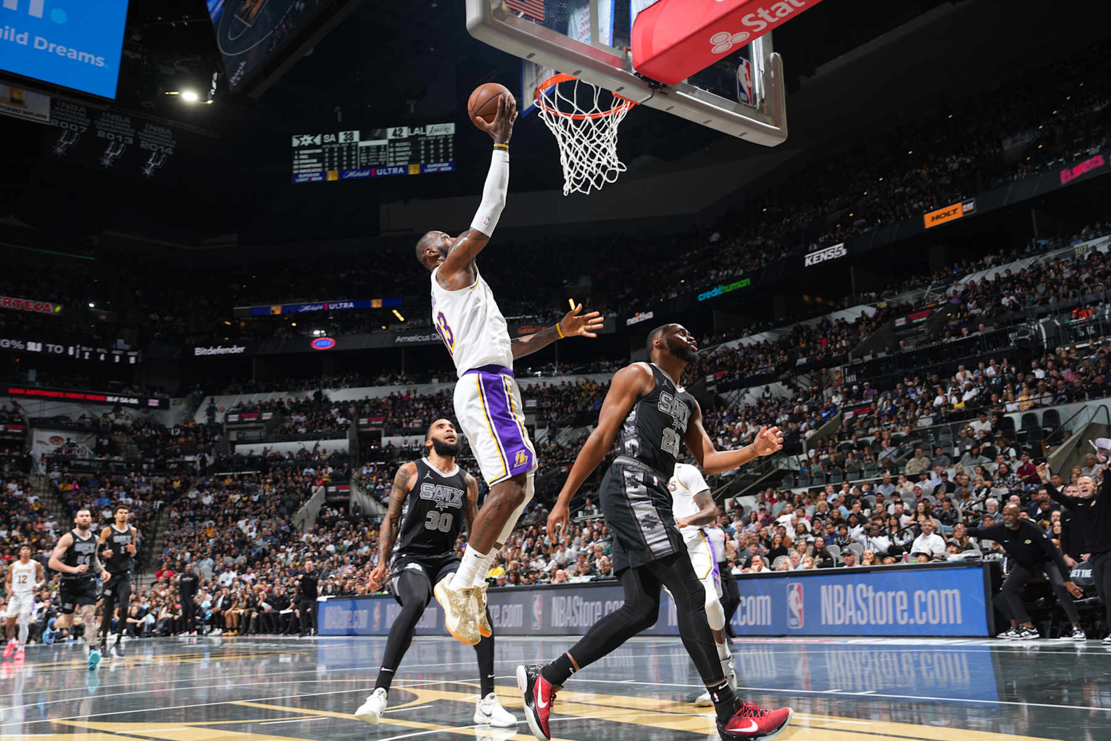 SAN ANTONIO, TX - NOVEMBER 15: LeBron James #23 of the Los Angeles Lakers drives to the basket during the game against the San Antonio Spurs during the Emirates NBA Cup game on November 15, 2024 at the Frost Bank Center in San Antonio, Texas. NOTE TO USER: User expressly acknowledges and agrees that, by downloading and or using this photograph, user is consenting to the terms and conditions of the Getty Images License Agreement. Mandatory Copyright Notice: Copyright 2024 NBAE (Photos by Jesse D. Garrabrant/NBAE via Getty Images) SAN ANTONIO, TX - NOVEMBER 15: LeBron James #23 of the Los Angeles Lakers drives to the basket during the game against the San Antonio Spurs during the Emirates NBA Cup game on November 15, 2024 at the Frost Bank Center in San Antonio, Texas. NOTE TO USER: User expressly acknowledges and agrees that, by downloading and or using this photograph, user is consenting to the terms and conditions of the Getty Images License Agreement. Mandatory Copyright Notice: Copyright 2024 NBAE (Photos by Jesse D. Garrabrant/NBAE via Getty Images)