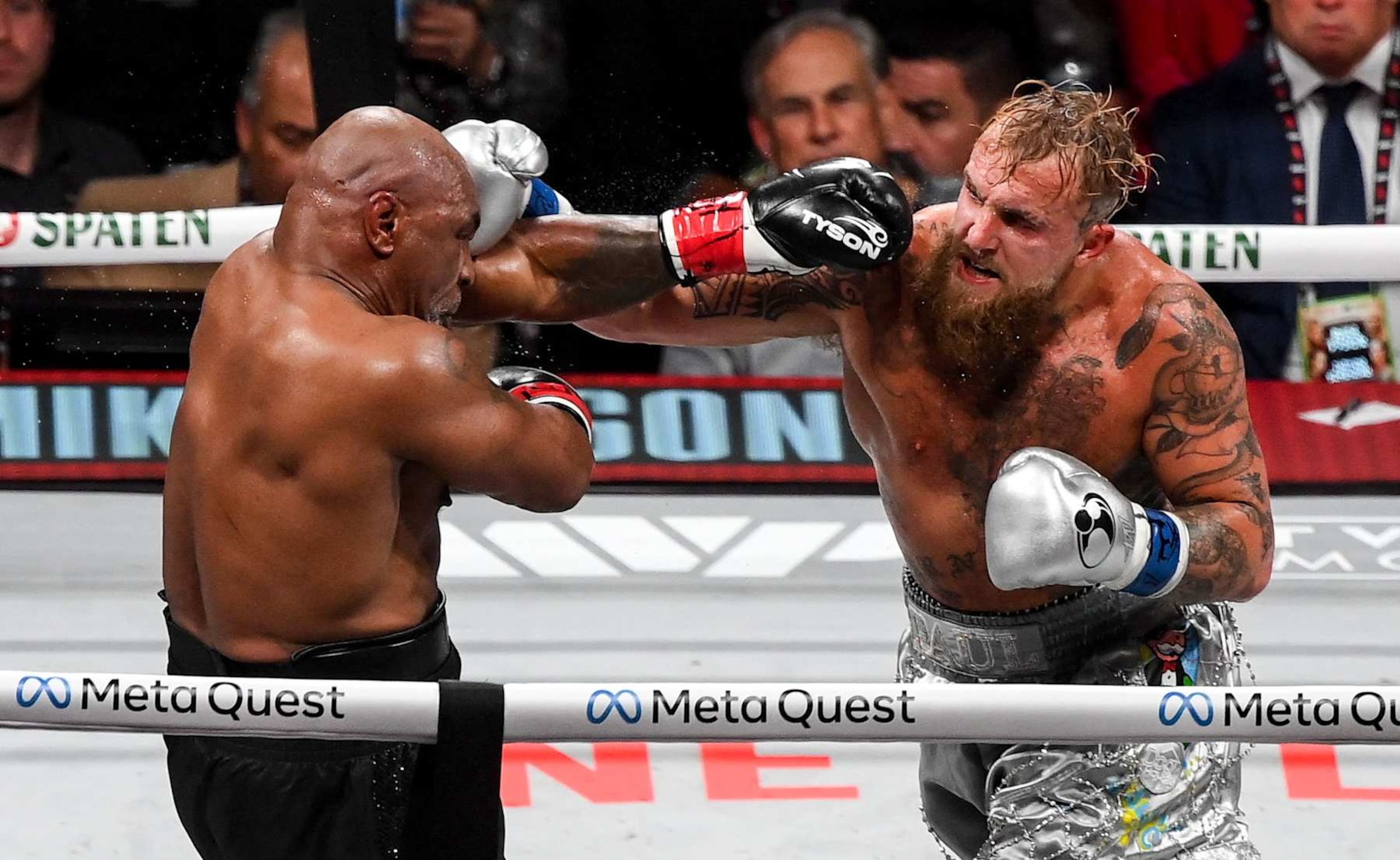 Texas , United States - 15 November 2024; Jake Paul, right, and Mike Tyson during their heavyweight bout at AT&T Stadium in Arlington, Texas, USA. (Photo By Stephen McCarthy/Sportsfile via Getty Images) Texas , United States - 15 November 2024; Jake Paul, right, and Mike Tyson during their heavyweight bout at AT&T Stadium in Arlington, Texas, USA. (Photo By Stephen McCarthy/Sportsfile via Getty Images)