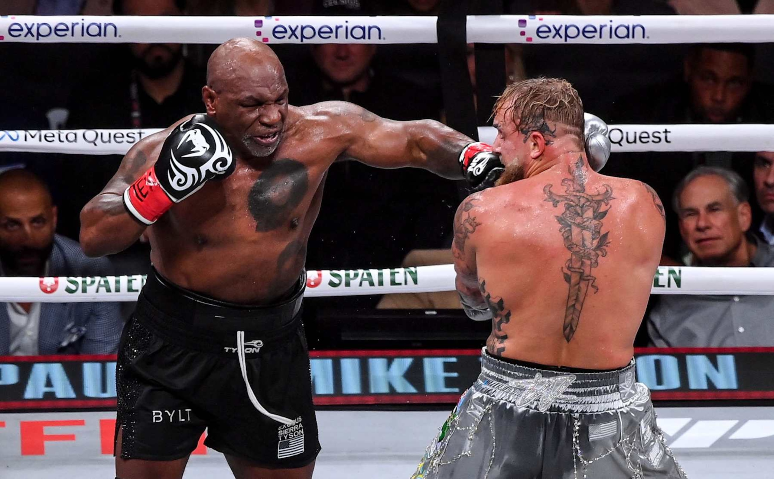 Texas , United States - 15 November 2024; Mike Tyson, left, and Jake Paul during their heavyweight bout at AT&T Stadium in Arlington, Texas, USA. (Photo By Stephen McCarthy/Sportsfile via Getty Images)