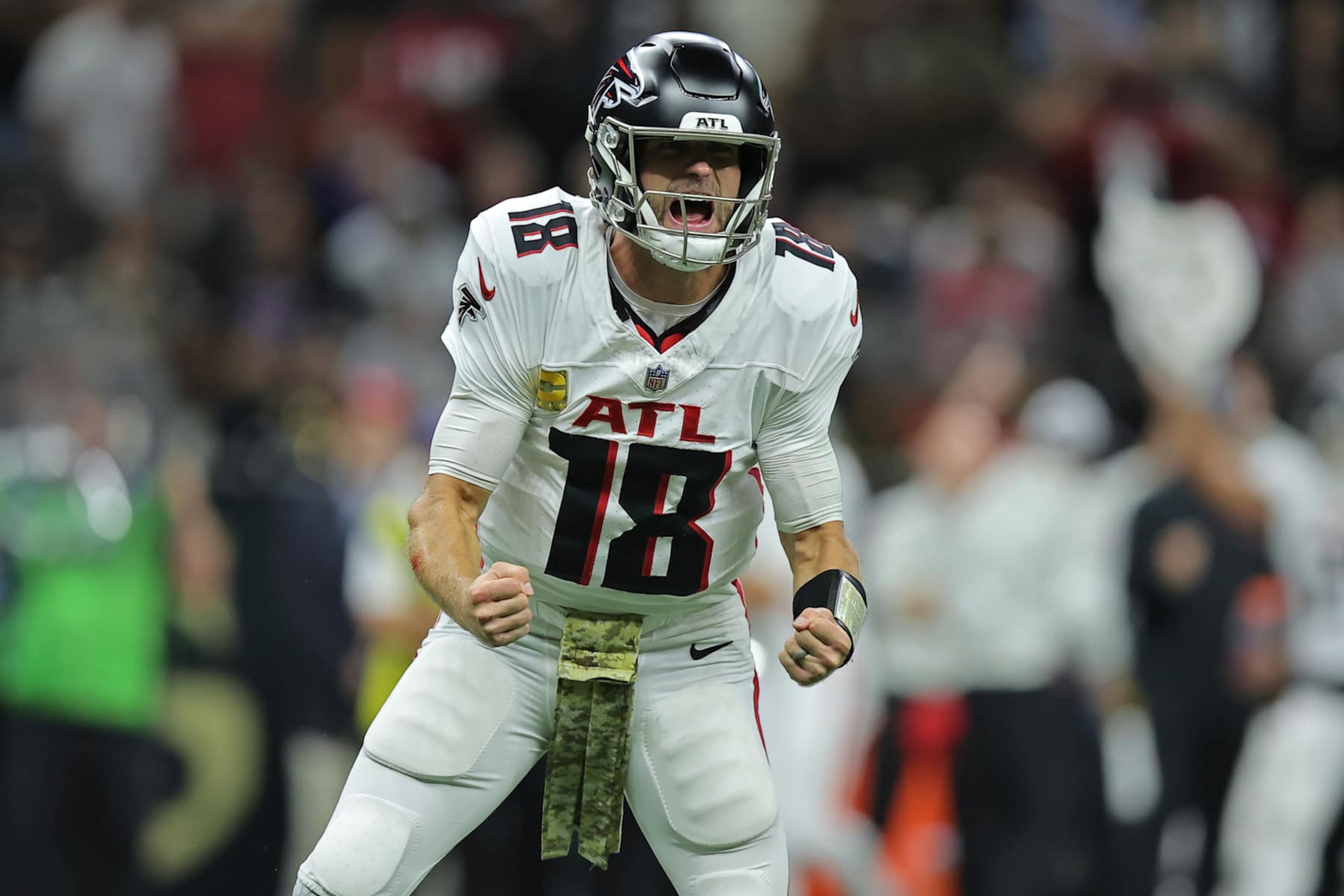 NEW ORLEANS, LOUISIANA - NOVEMBER 10: Kirk Cousins #18 of the Atlanta Falcons celebrates a touchdown during a game against the New Orleans Saints at Caesars Superdome on November 10, 2024 in New Orleans, Louisiana. (Photo by Jonathan Bachman/Getty Images)