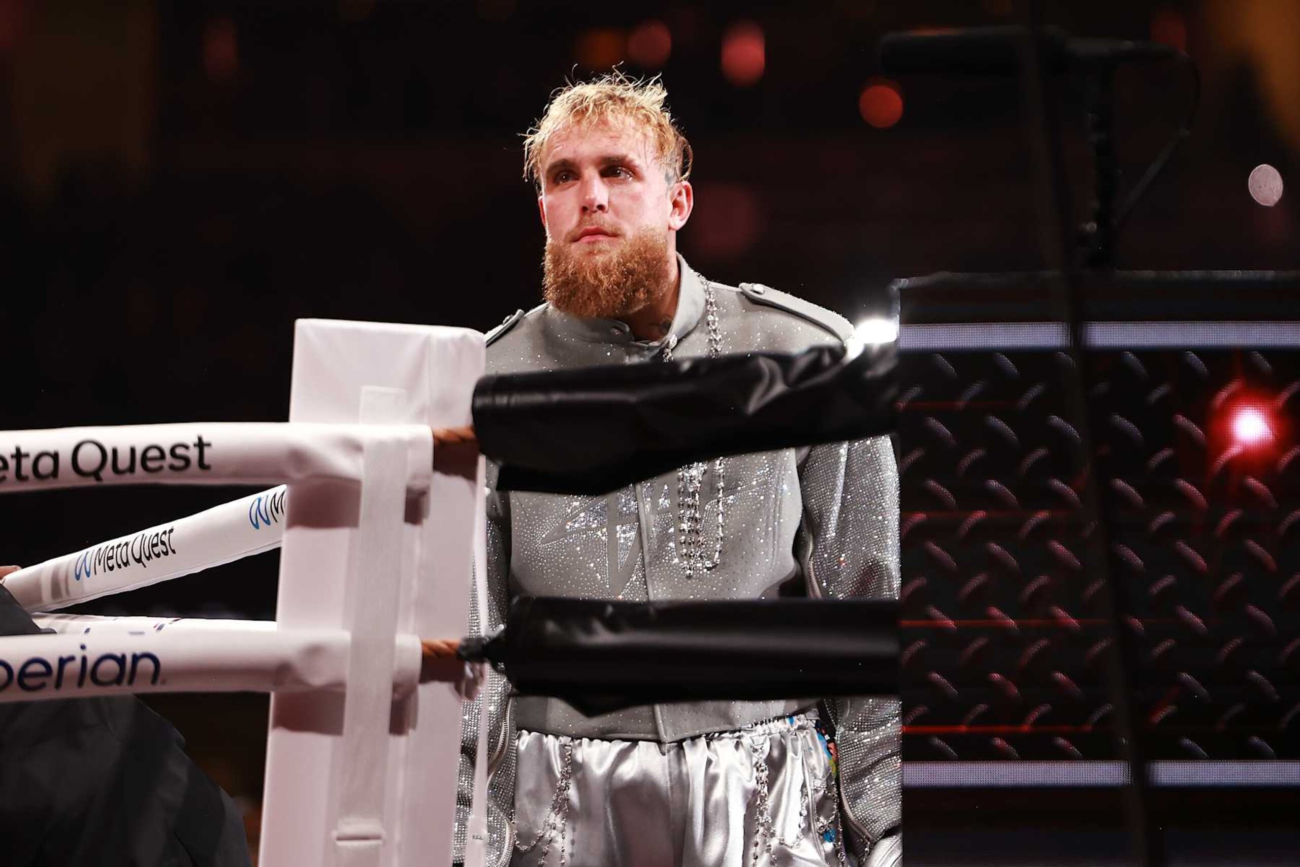 ARLINGTON, TEXAS - NOVEMBER 15: Jake Paul fights during LIVE On Netflix: Jake Paul vs. Mike Tyson at AT&T Stadium on November 15, 2024 in Arlington, Texas. (Photo by Matt Winkelmeyer/Getty Images for Netflix © 2024)