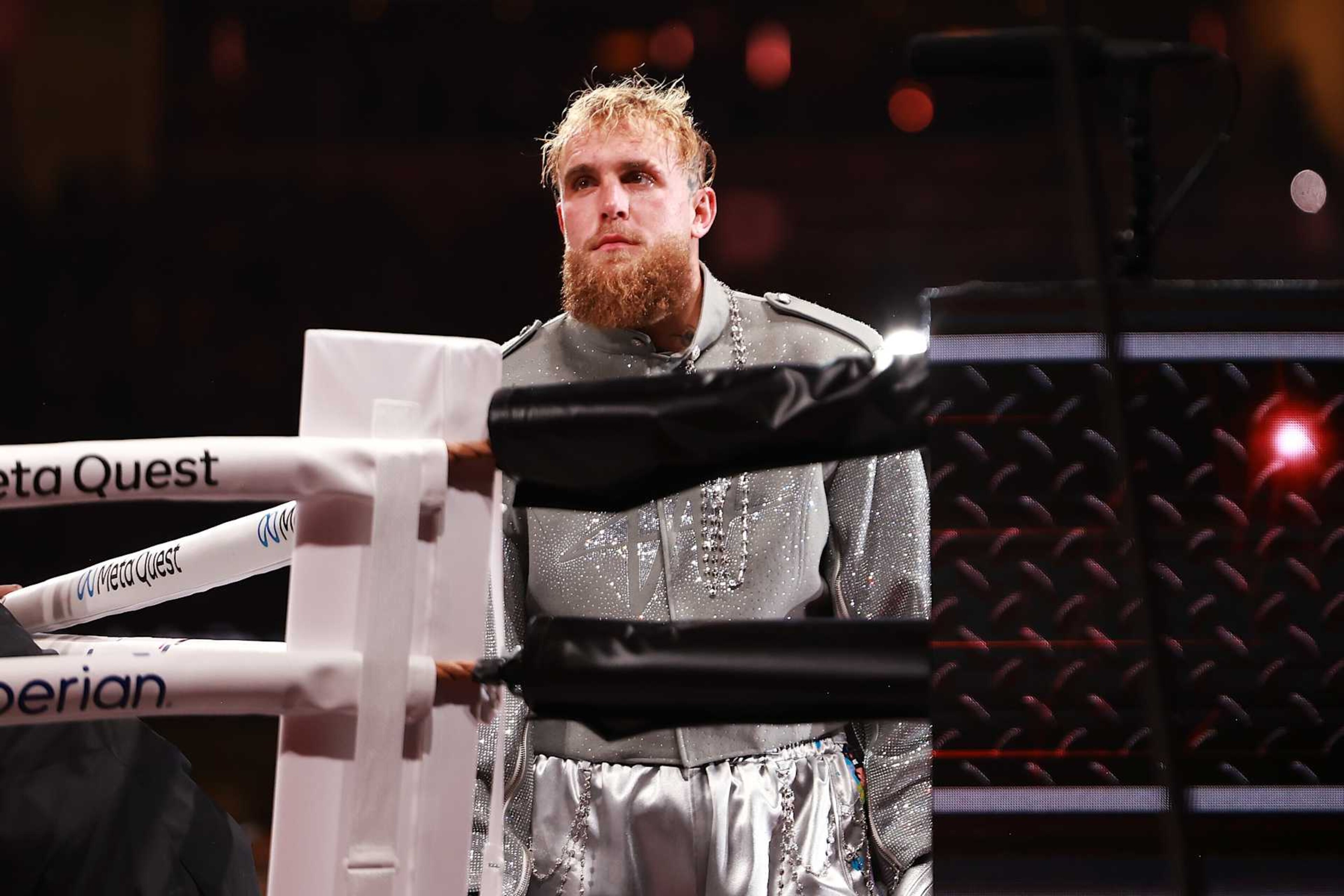 ARLINGTON, TEXAS - NOVEMBER 15: Jake Paul fights during LIVE On Netflix: Jake Paul vs. Mike Tyson at AT&T Stadium on November 15, 2024 in Arlington, Texas. (Photo by Matt Winkelmeyer/Getty Images for Netflix © 2024)