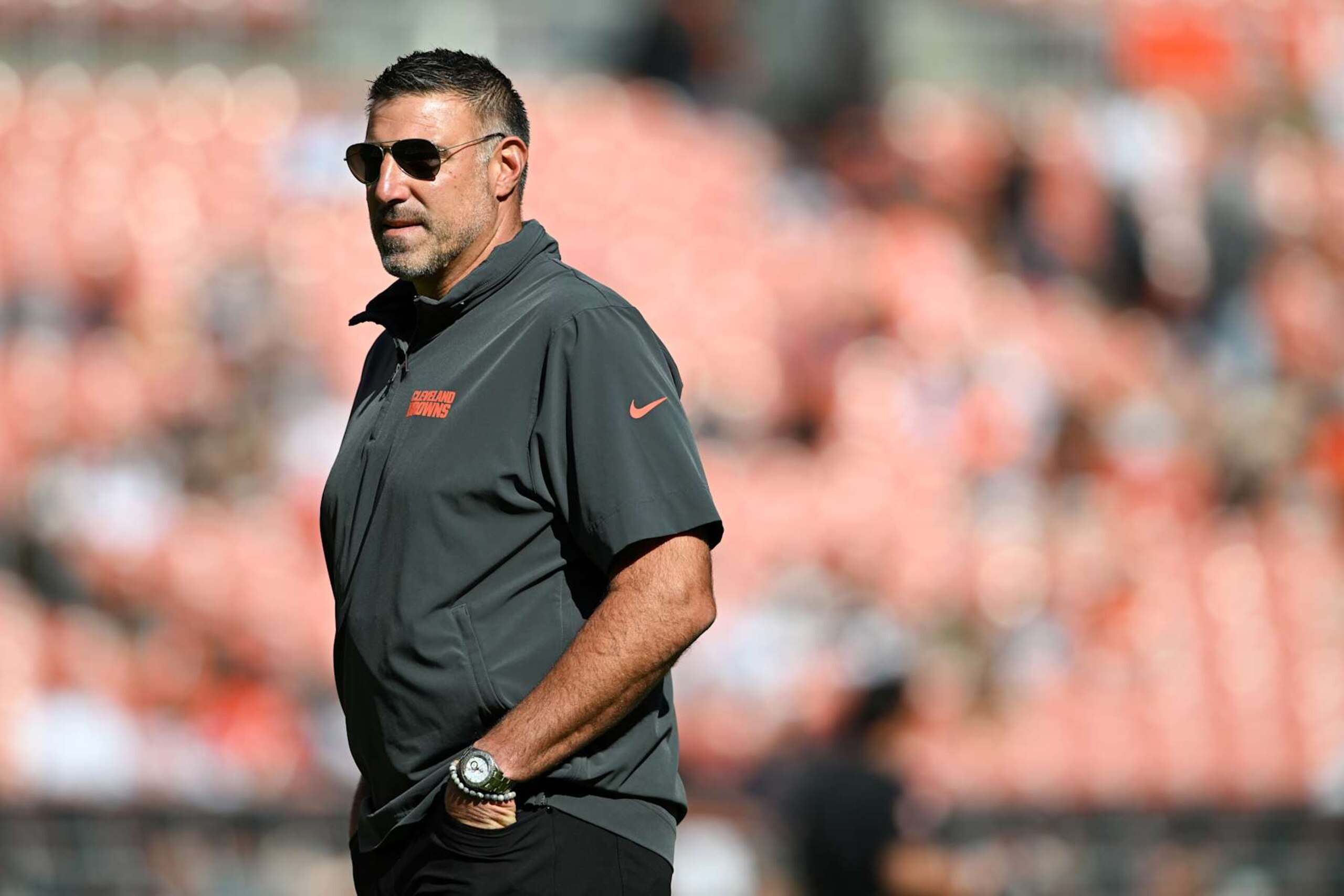 CLEVELAND, OHIO - OCTOBER 20: Coaching consultant Mike Vrabel of the Cleveland Browns looks on prior to a game against the Cincinnati Bengals at Huntington Bank Field on October 20, 2024 in Cleveland, Ohio. (Photo by Nick Cammett/Diamond Images via Getty Images)