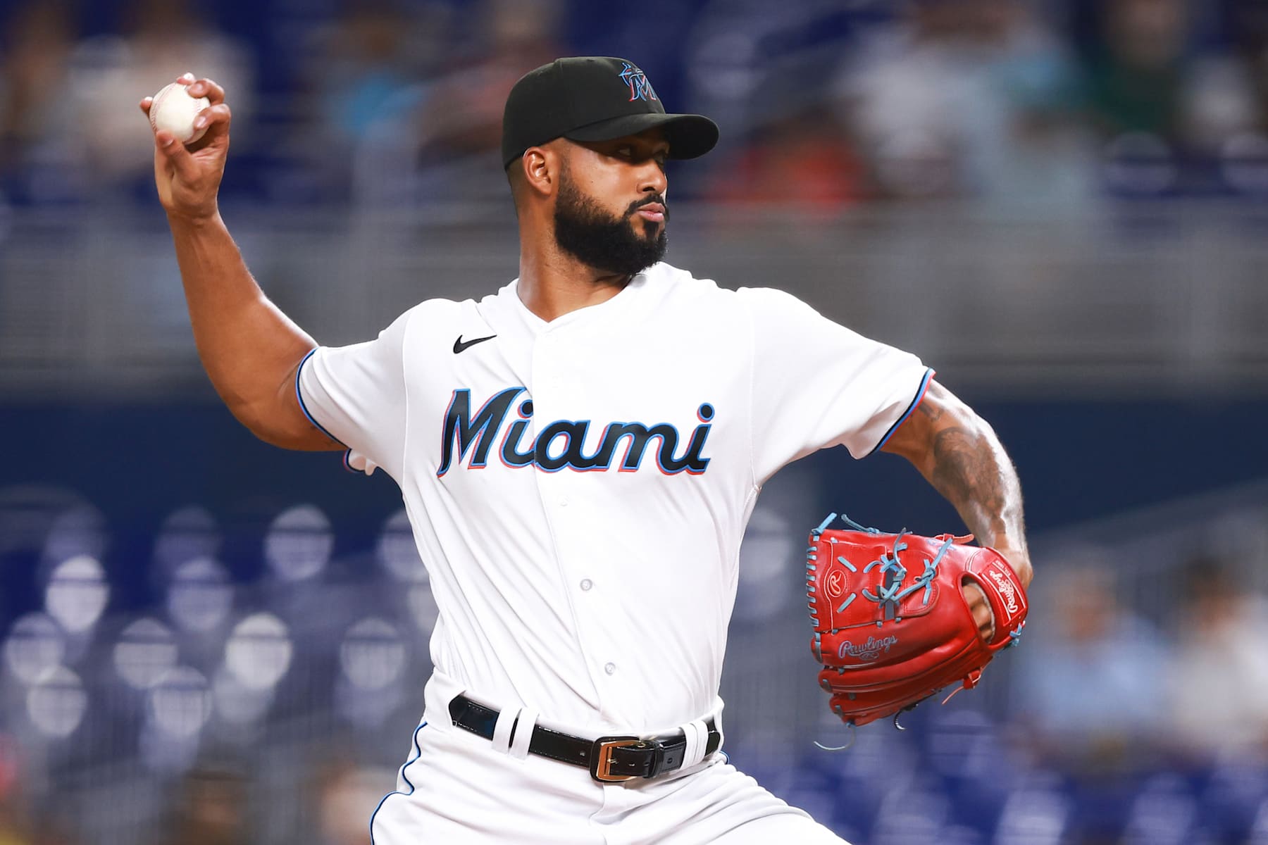 MIAMI, FLORIDA - AUGUST 29: Sandy Alcantara #22 of the Miami Marlins pitches against the Tampa Bay Rays during the first inning at loanDepot park on August 29, 2023 in Miami, Florida. (Photo by Megan Briggs/Getty Images)