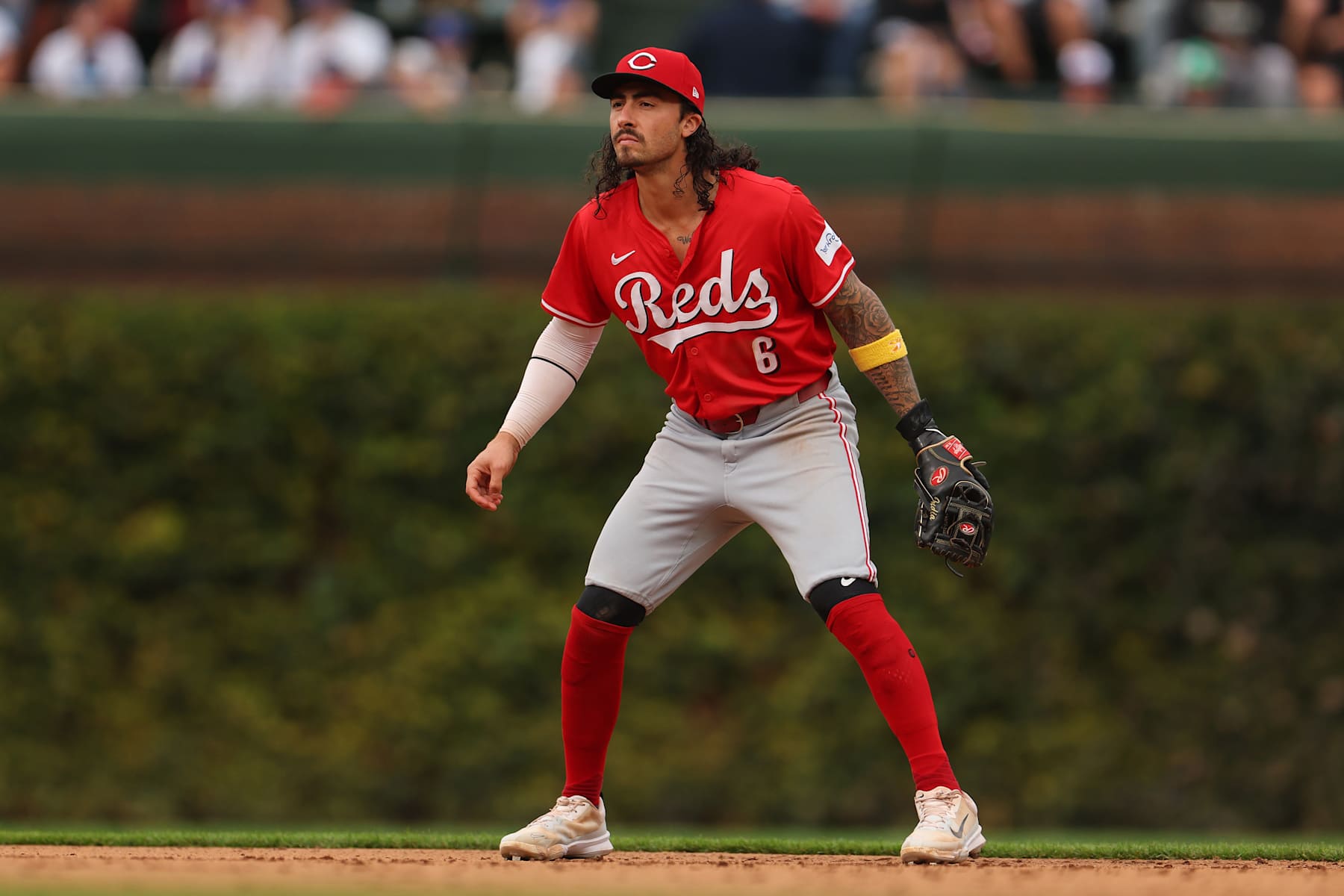 CHICAGO, ILLINOIS - SEPTEMBER 27: Jonathan India #6 of the Cincinnati Reds in action against the Chicago Cubs at Wrigley Field on September 27, 2024 in Chicago, Illinois. (Photo by Michael Reaves/Getty Images)