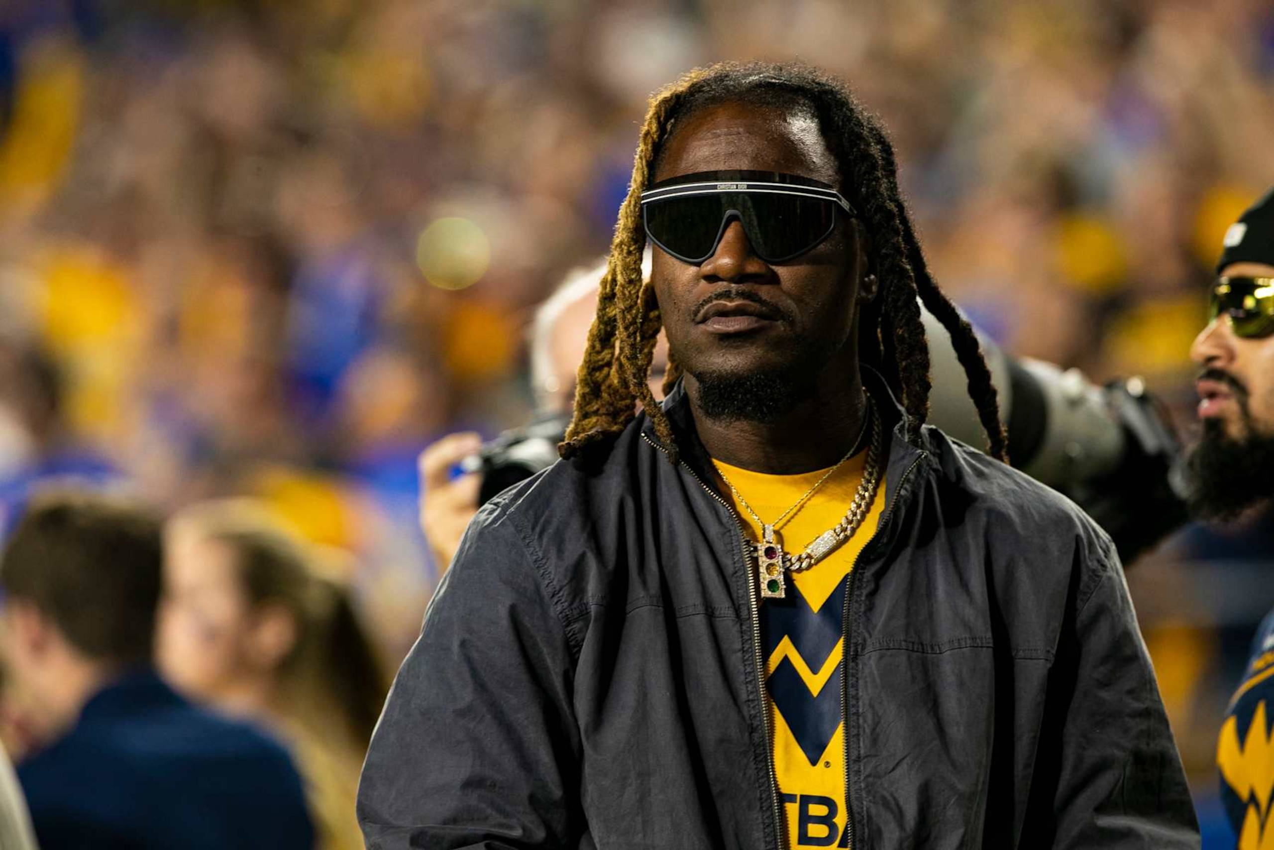 PITTSBURGH, PA - SEPTEMBER 01: Former West Virginia Mountaineers player Adam Jones looks on during the college football game between the West Virginia Mountaineers and the Pittsburgh Panthers on September 01, 2022 at Acrisure Stadium in Pittsburgh, PA. (Photo by Mark Alberti/Icon Sportswire via Getty Images)