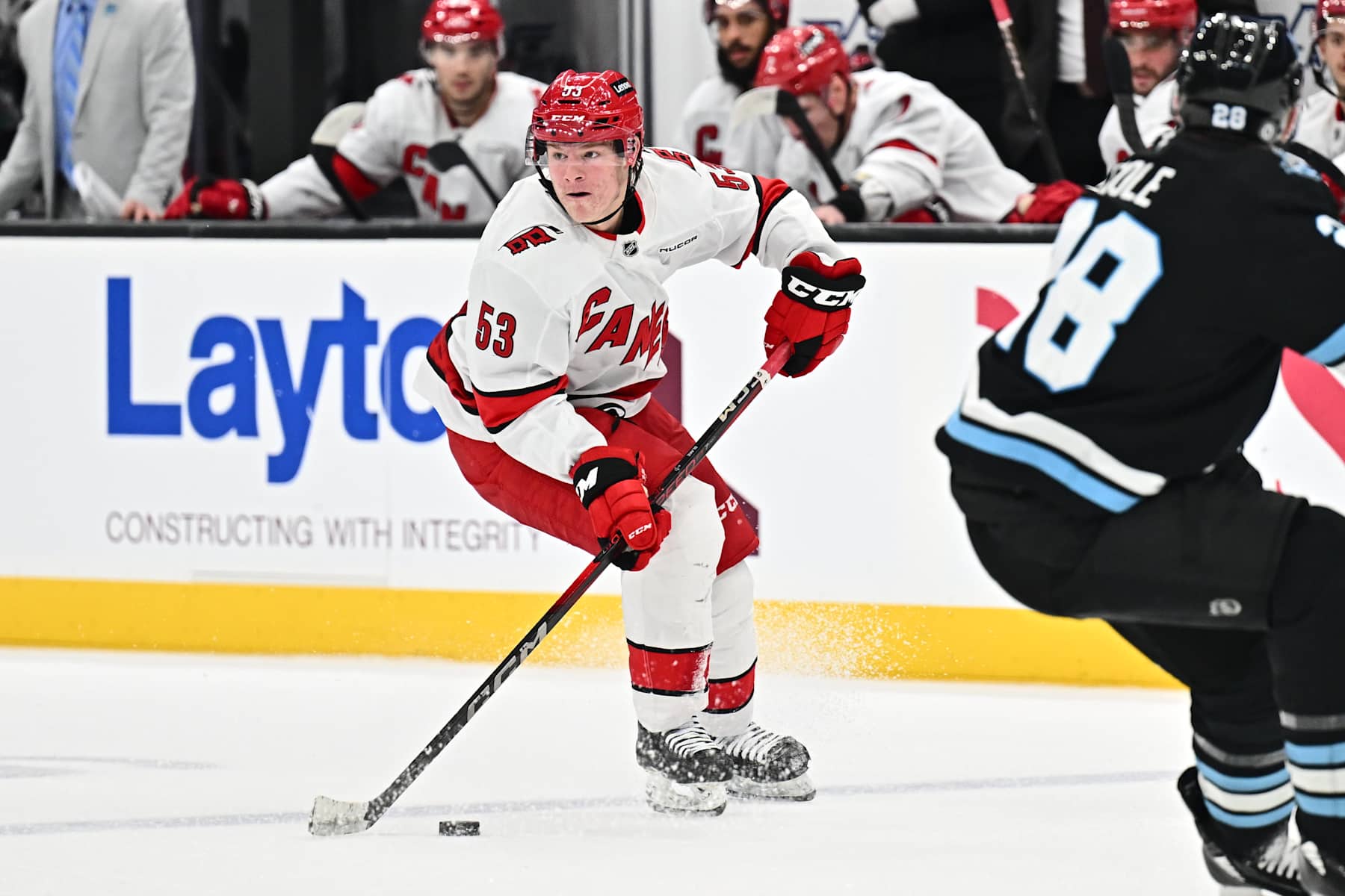 SALT LAKE CITY, UTAH - NOVEMBER 13:  Jackson Blake #53 of the Carolina Hurricanes skates against the Utah Hockey Club on November 13, 2024 at Delta Center in Salt Lake City, Utah.  (Photo by Jamie Sabau/NHLI via Getty Images)