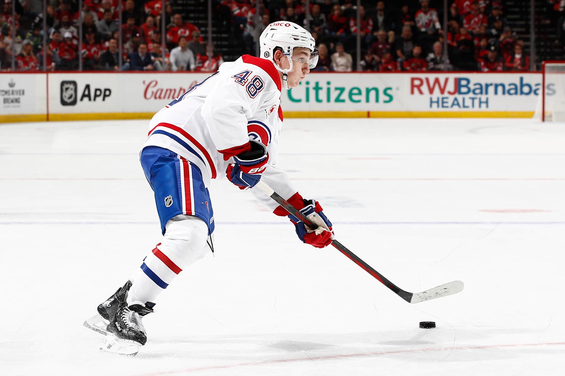 NEWARK, NEW JERSEY - NOVEMBER 07: Lane Hutson #48 of the Montreal Canadiens in action during the game against the New Jersey Devils at Prudential Center on November 07, 2024 in Newark, New Jersey. The Devils won 5-3. (Photo by Sarah Stier/Getty Images)