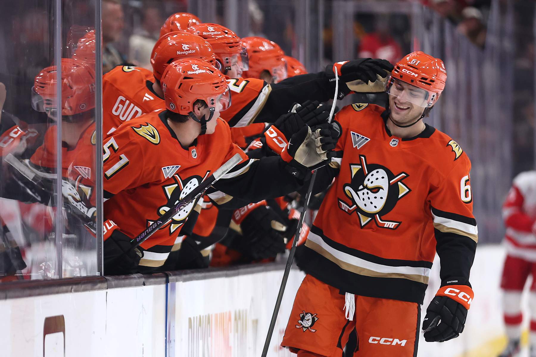 ANAHEIM, CALIFORNIA - NOVEMBER 15: Cutter Gauthier #61 of the Anaheim Ducks is congratulated at the bench after scoring a goal during the third period of a game at Honda Center on November 15, 2024 in Anaheim, California. (Photo by Sean M. Haffey/Getty Images)