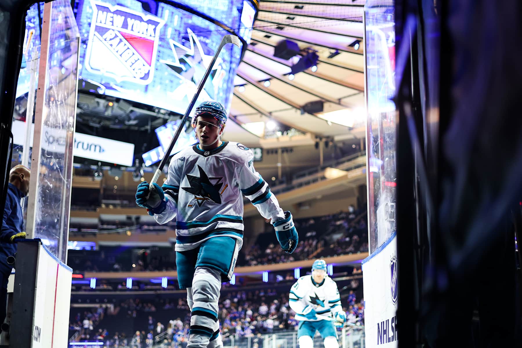 NEW YORK, NEW YORK - NOVEMBER 14:  Macklin Celebrini #71 of the San Jose Sharks leaves the ice after warmups prior to the game against the New York Rangers at Madison Square Garden on November 14, 2024 in New York City. (Photo by Jared Silber/NHLI via Getty Images)