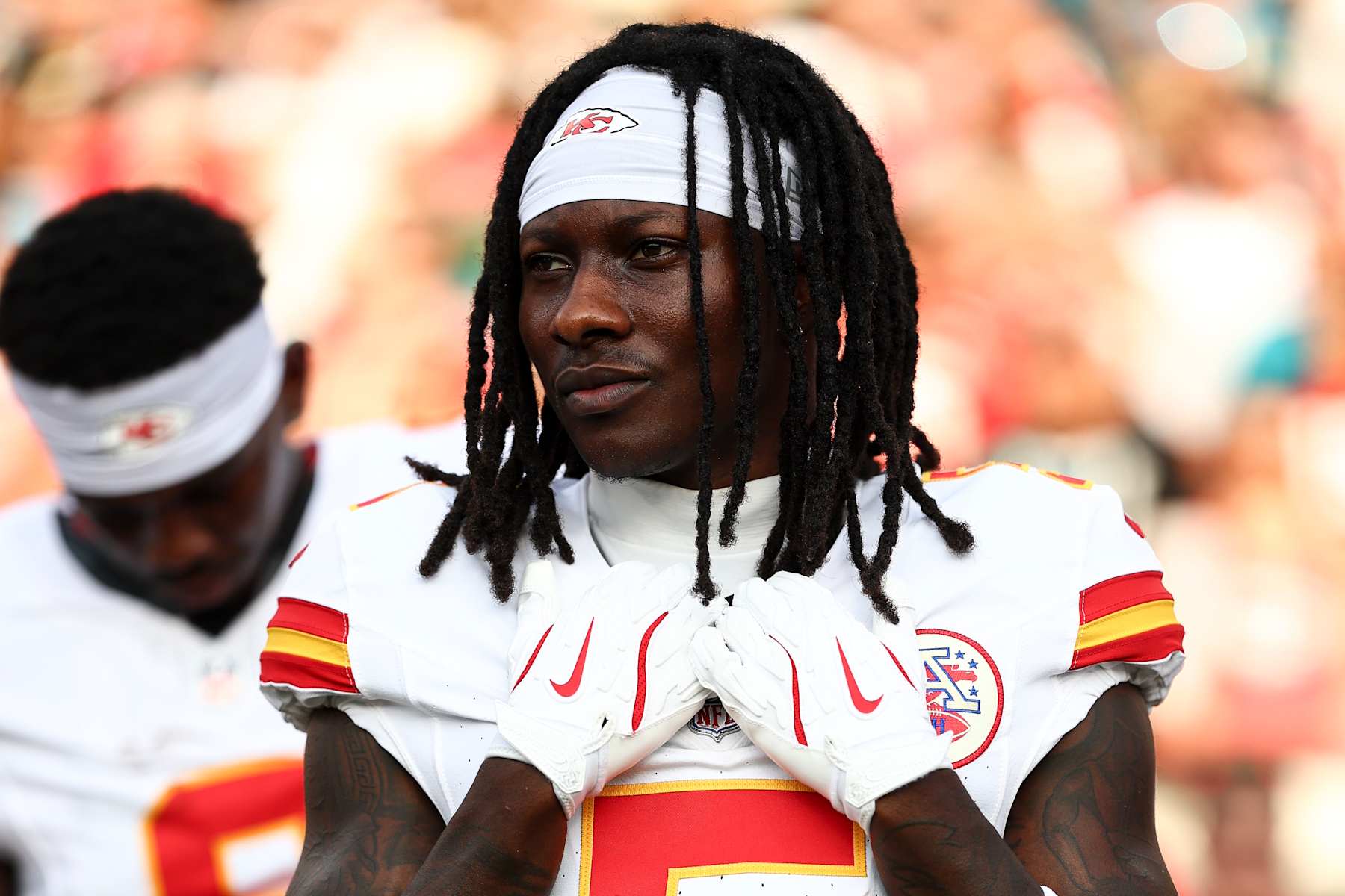 JACKSONVILLE, FL - AUGUST 10: Marquise Brown #5 of the Kansas City Chiefs stands on the sidelines prior to an NFL preseason football game against the Jacksonville Jaguars at EverBank Stadium on August 10, 2024 in Jacksonville, Florida. (Photo by Kevin Sabitus/Getty Images)
