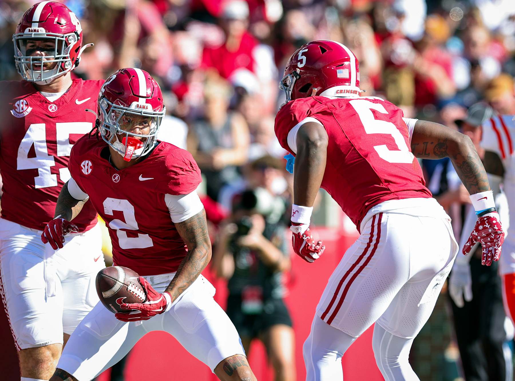 TUSCALOOSA, ALABAMA - NOVEMBER 16: Ryan Williams #2 and Germie Bernard #5 of the Alabama Crimson Tide celebrate a first half touchdown agains the Mercer Bears at Bryant-Denny Stadium on November 16, 2024 in Tuscaloosa, Alabama. (Photo by Brandon Sumrall/Getty Images)