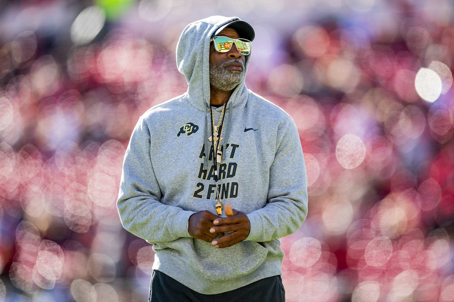 LUBBOCK, TEXAS - NOVEMBER 09: Head coach Deion Sanders of the Colorado Buffaloes walks across the field before the game against the Texas Tech Red Raiders at Jones AT&T Stadium on November 09, 2024 in Lubbock, Texas. (Photo by John E. Moore III/Getty Images)