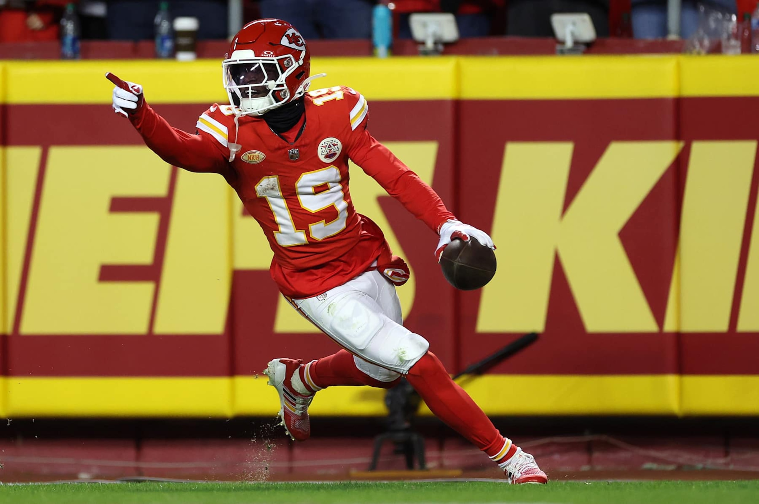 KANSAS CITY, MISSOURI - DECEMBER 10: Kadarius Toney #19 of the Kansas City Chiefs reacts after a touchdown on a play that was called back due to a penalty during the second half of the game against the Buffalo Bills at GEHA Field at Arrowhead Stadium on December 10, 2023 in Kansas City, Missouri. (Photo by Jamie Squire/Getty Images)