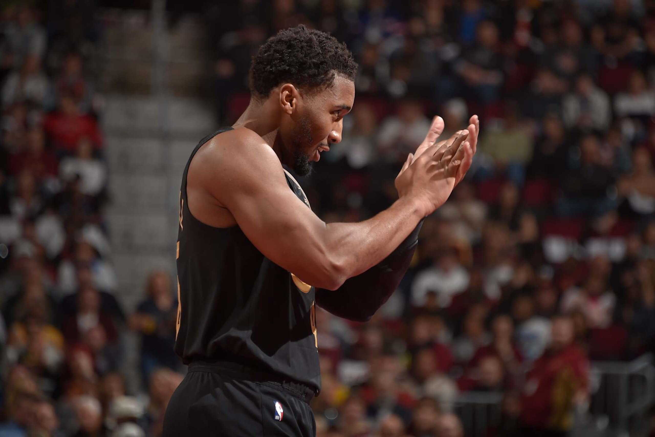 CLEVELAND, OH - November 15: Donovan Mitchell #45 of the Cleveland Cavaliers celebrates during the game against the Chicago Bulls during the Emirates NBA Cup game on November 15, 2024 at Rocket Mortgage FieldHouse in Cleveland, Ohio. NOTE TO USER: User expressly acknowledges and agrees that, by downloading and/or using this Photograph, user is consenting to the terms and conditions of the Getty Images License Agreement. Mandatory Copyright Notice: Copyright 2024 NBAE (Photo by David Liam Kyle/NBAE via Getty Images)