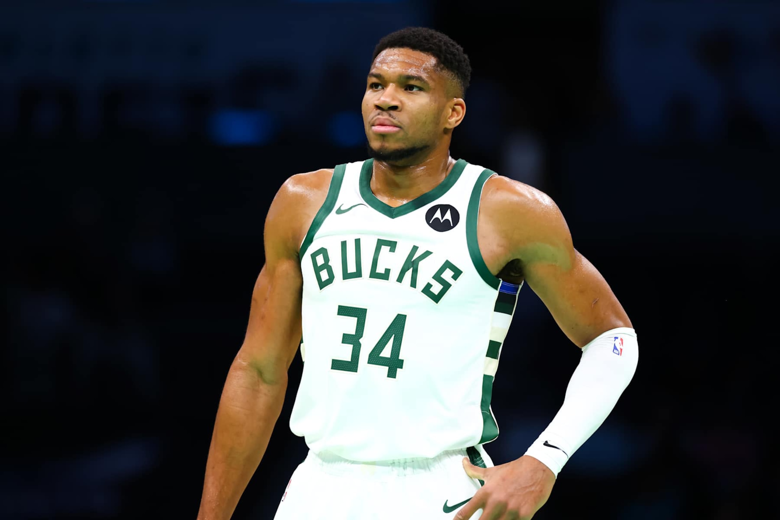 CHARLOTTE, NORTH CAROLINA - NOVEMBER 16: Giannis Antetokounmpo #34 of the Milwaukee Bucks looks on during the first half of a basketball game against the Charlotte Hornets at Spectrum Center on November 16, 2024 in Charlotte, North Carolina. NOTE TO USER: User expressly acknowledges and agrees that, by downloading and or using this photograph, User is consenting to the terms and conditions of the Getty Images License Agreement. (Photo by David Jensen/Getty Images) CHARLOTTE, NORTH CAROLINA - NOVEMBER 16: Giannis Antetokounmpo #34 of the Milwaukee Bucks looks on during the first half of a basketball game against the Charlotte Hornets at Spectrum Center on November 16, 2024 in Charlotte, North Carolina. NOTE TO USER: User expressly acknowledges and agrees that, by downloading and or using this photograph, User is consenting to the terms and conditions of the Getty Images License Agreement. (Photo by David Jensen/Getty Images)