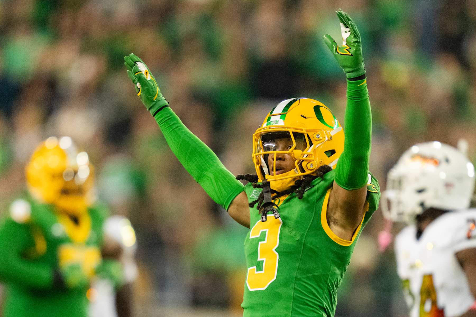EUGENE, OREGON - NOVEMBER 9: Defensive back Brandon Johnson #3 of the Oregon Ducks reacts after a defensive stop during the second half of the game against the Maryland Terrapins at Autzen Stadium on November 9, 2024 in Eugene, Oregon. (Photo by Ali Gradischer/Getty Images)