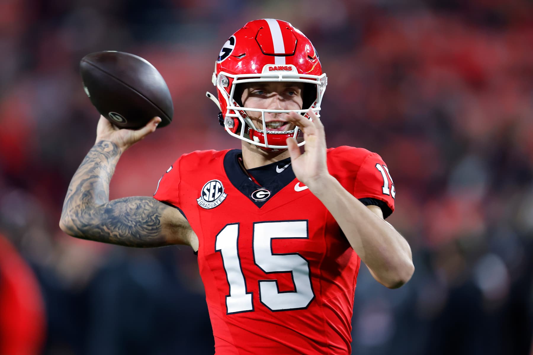 ATHENS, GEORGIA - NOVEMBER 16: Carson Beck #15 of the Georgia Bulldogs warms up prior to a game against the Tennessee Volunteers at Sanford Stadium on November 16, 2024 in Athens, Georgia. (Photo by Todd Kirkland/Getty Images)