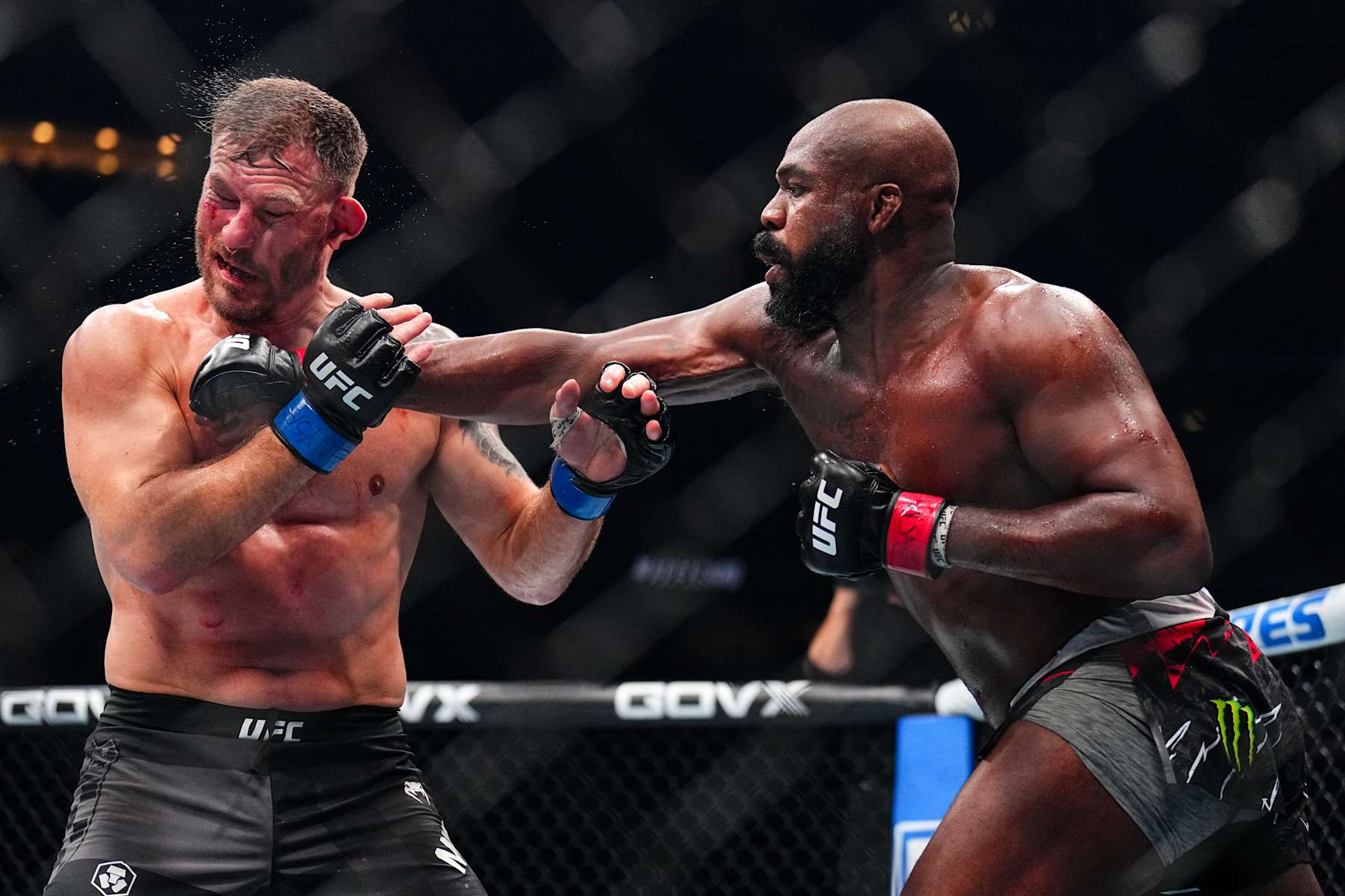 NEW YORK, NEW YORK - NOVEMBER 16: (R-L) Jon Jones of the United States of America punches Stipe Miocic of the United States of America in the UFC light heavyweight championship fight during the UFC 309 event at Madison Square Garden on November 16, 2024 in New York City. (Photo by Chris Unger/Zuffa LLC)