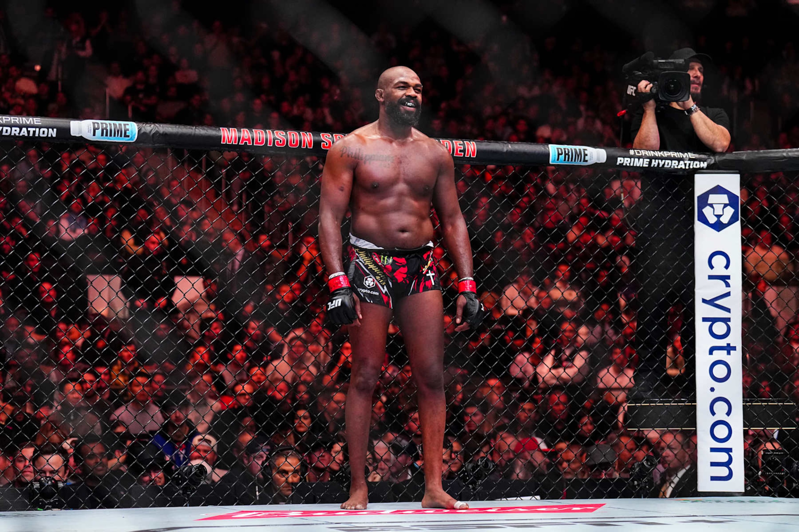 NEW YORK, NEW YORK - NOVEMBER 16: Jon Jones of the United States of America looks on before facing Stipe Miocic of the United States of America in the UFC heavyweight championship fight during the UFC 309 event at Madison Square Garden on November 16, 2024 in New York City. (Photo by Chris Unger/Zuffa LLC)