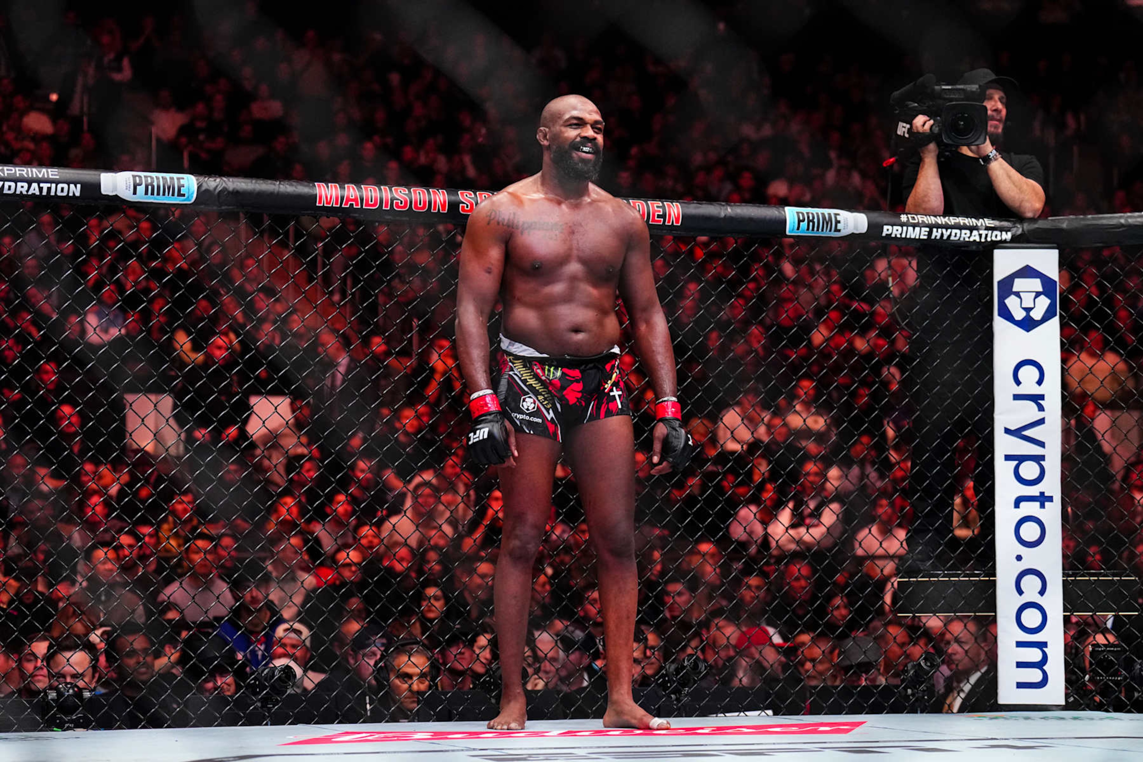 NEW YORK, NEW YORK - NOVEMBER 16: Jon Jones of the United States of America looks on before facing Stipe Miocic of the United States of America in the UFC heavyweight championship fight during the UFC 309 event at Madison Square Garden on November 16, 2024 in New York City. (Photo by Chris Unger/Zuffa LLC)