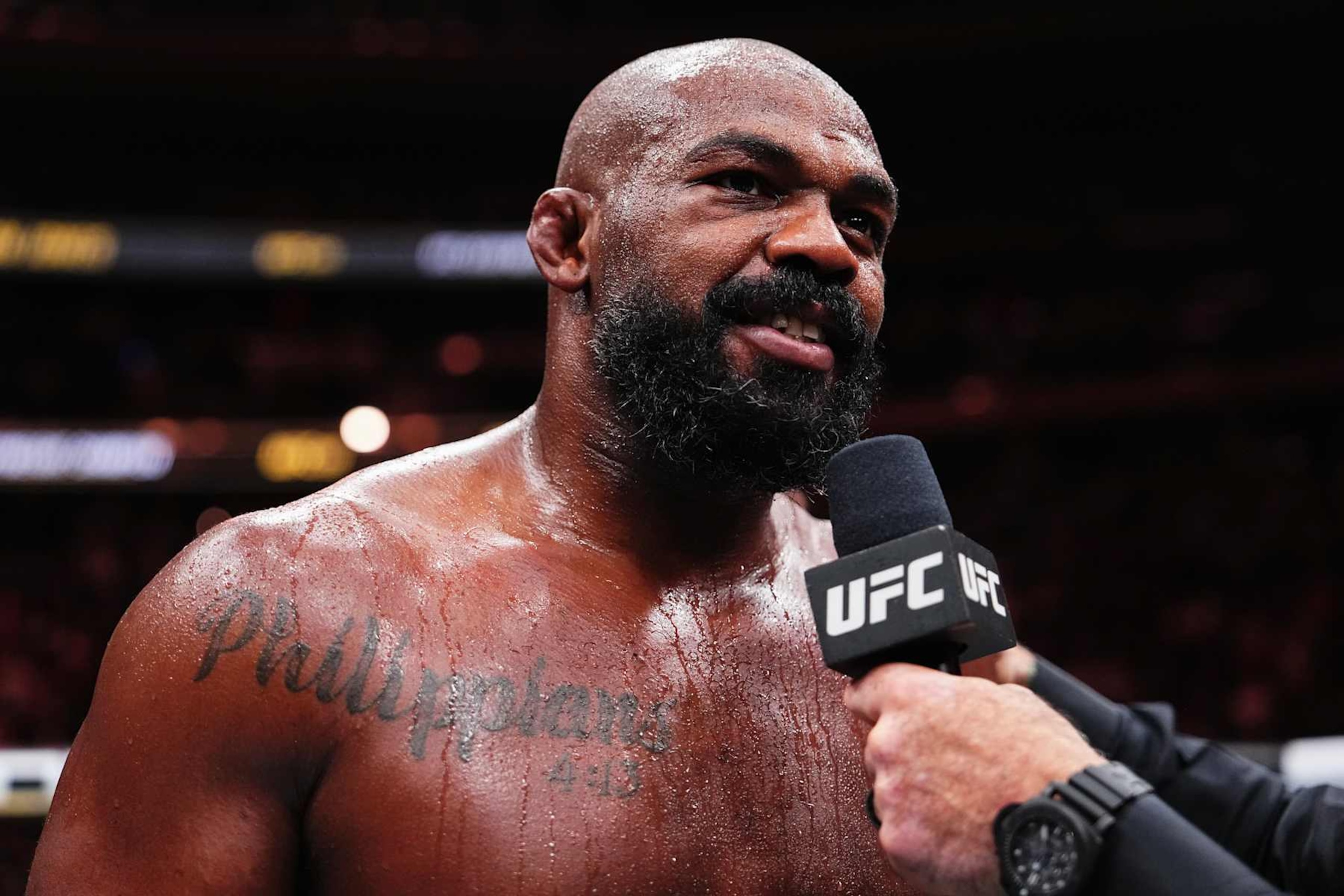 NEW YORK, NEW YORK - NOVEMBER 16: Jon Jones of the United States of America reacts after his TKO victory against Stipe Miocic of the United States of America in the UFC heavyweight championship fight during the UFC 309 event at Madison Square Garden on November 16, 2024 in New York City. (Photo by Jeff Bottari/Zuffa LLC)