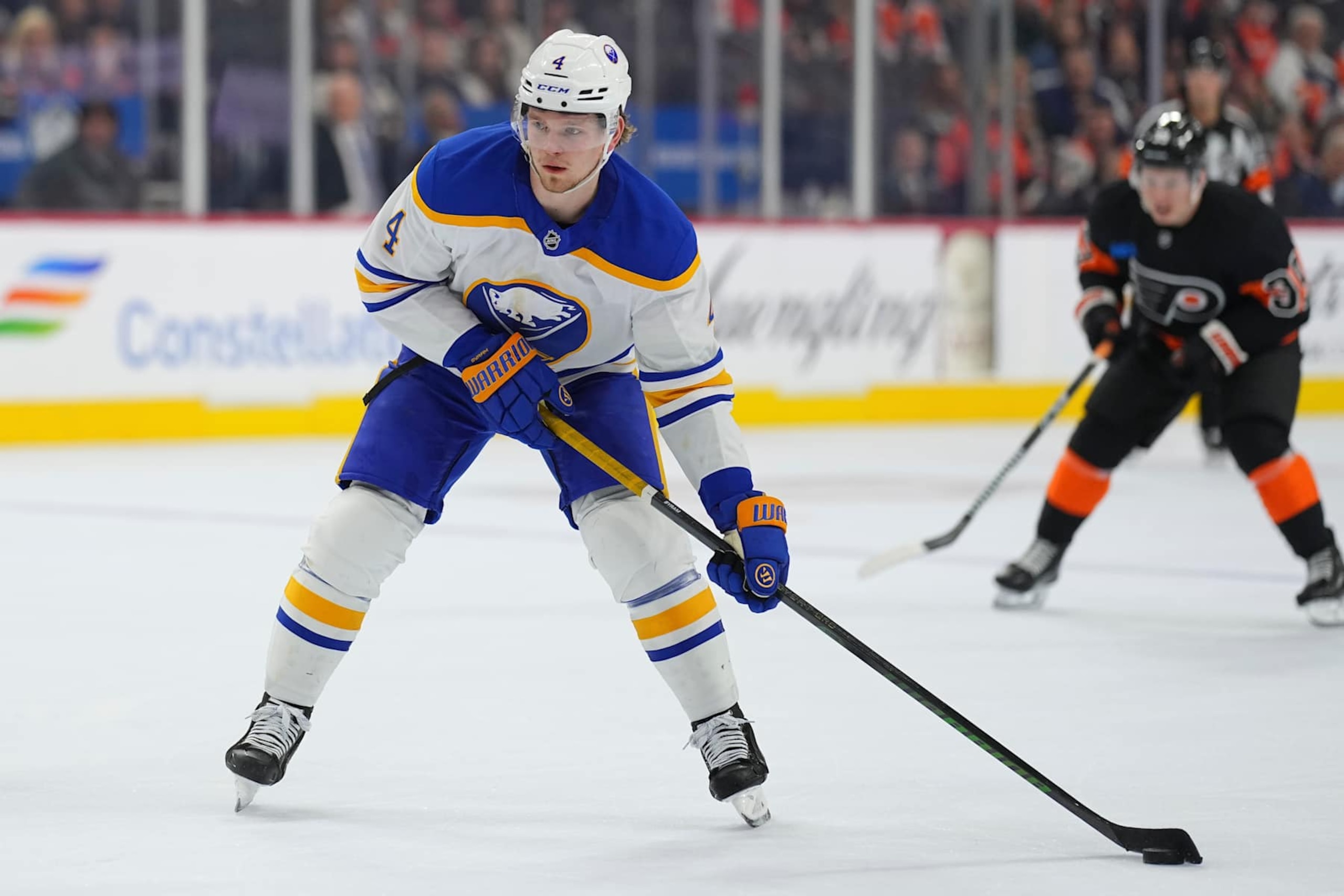 PHILADELPHIA, PENNSYLVANIA - NOVEMBER 16: Bowen Byram #4 of the Buffalo Sabres controls the puck against the Philadelphia Flyers at the Wells Fargo Center on November 16, 2024 in Philadelphia, Pennsylvania. The Flyers defeated the Sabres 5-2. (Photo by Mitchell Leff/Getty Images) PHILADELPHIA, PENNSYLVANIA - NOVEMBER 16: Bowen Byram #4 of the Buffalo Sabres controls the puck against the Philadelphia Flyers at the Wells Fargo Center on November 16, 2024 in Philadelphia, Pennsylvania. The Flyers defeated the Sabres 5-2. (Photo by Mitchell Leff/Getty Images)