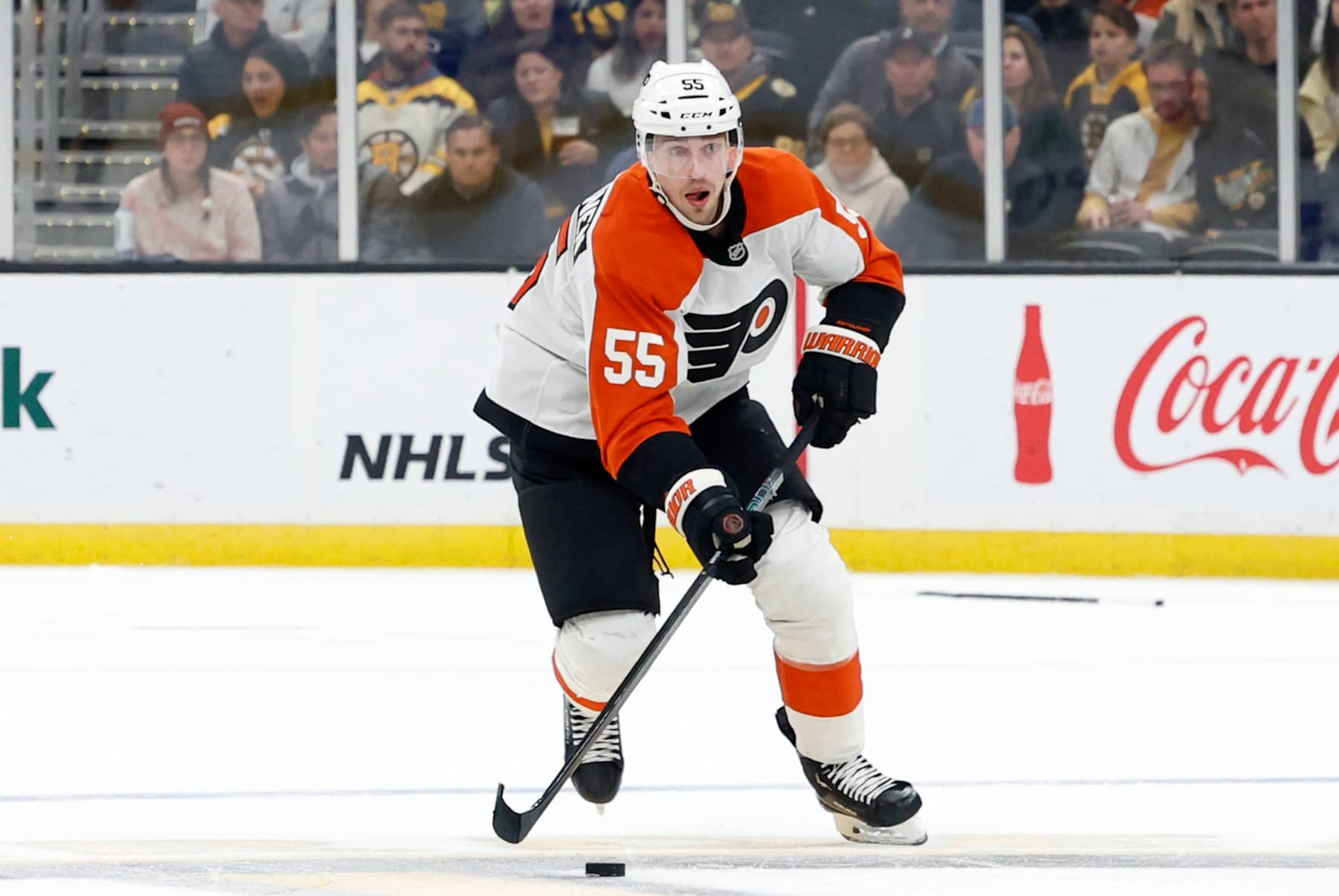 BOSTON, MA - OCTOBER 29: Philadelphia Flyers defenseman Rasmus Ristolainen (55) carries the puck during a game between the Boston Bruins and the Philadelphia Flyers on October 29, 2024, at TD Garden in Boston, Massachusetts. (Photo by Fred Kfoury III/Icon Sportswire via Getty Images) BOSTON, MA - OCTOBER 29: Philadelphia Flyers defenseman Rasmus Ristolainen (55) carries the puck during a game between the Boston Bruins and the Philadelphia Flyers on October 29, 2024, at TD Garden in Boston, Massachusetts. (Photo by Fred Kfoury III/Icon Sportswire via Getty Images)