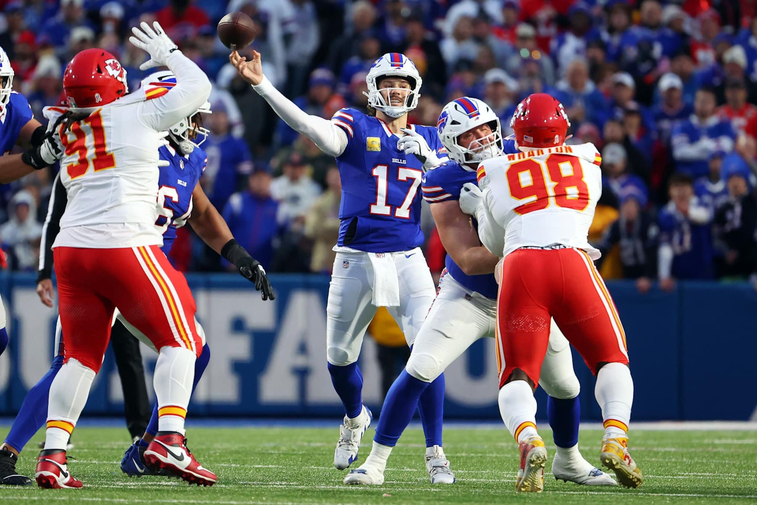 ORCHARD PARK, NEW YORK - NOVEMBER 17: Josh Allen #17 of the Buffalo Bills throws a pass during the first quarter against the Kansas City Chiefs at Highmark Stadium on November 17, 2024 in Orchard Park, New York. (Photo by Timothy T Ludwig/Getty Images)