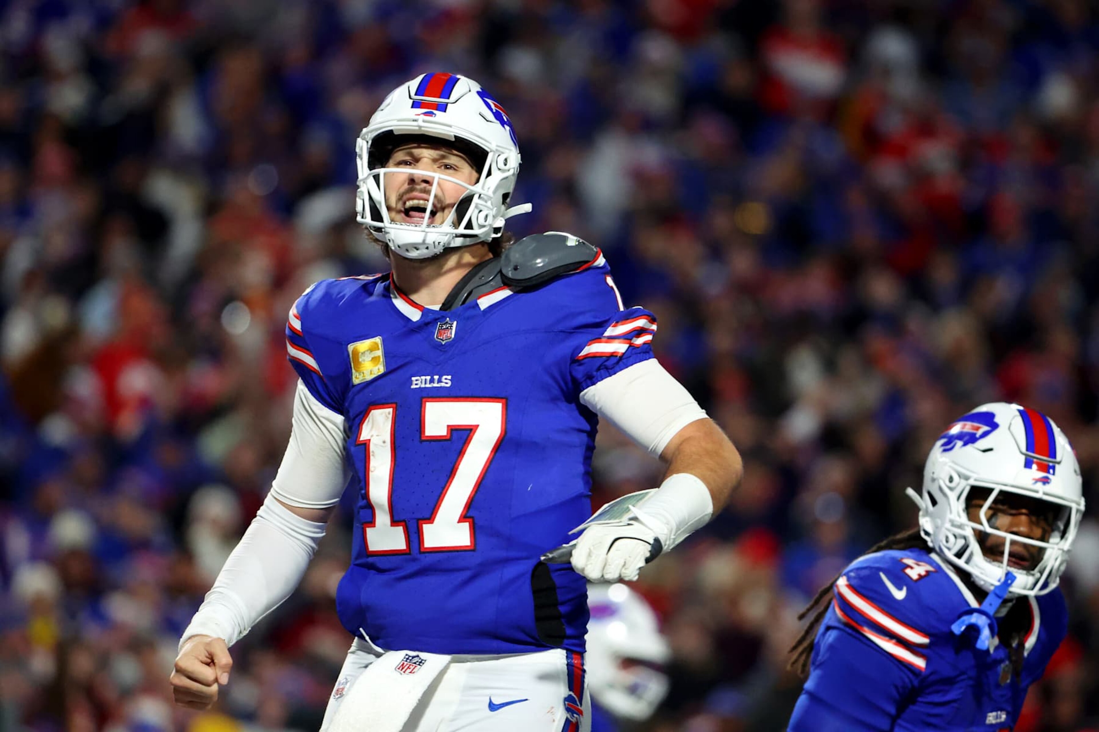 ORCHARD PARK, NEW YORK - NOVEMBER 17: Josh Allen #17 of the Buffalo Bills reacts after scoring a rushing touchdown against the Kansas City Chiefs during the fourth quarter at Highmark Stadium on November 17, 2024 in Orchard Park, New York. (Photo by Timothy T Ludwig/Getty Images)