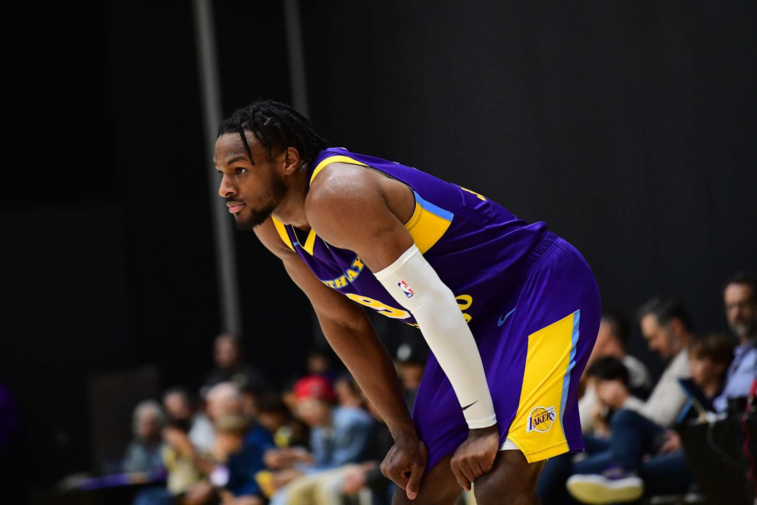 EL SEGUNDO, CA - NOVEMBER 9: Bronny James #9 of the South Bay Lakers looks on during the game against the Salt Lake City Stars on November 9, 2024 at UCLA Health Training Center in El Segundo, California. NOTE TO USER: User expressly acknowledges and agrees that, by downloading and/or using this Photograph, user is consenting to the terms and conditions of the Getty Images License Agreement. Mandatory Copyright Notice: Copyright 2024 NBAE (Photo by Adam Pantozzi/NBAE via Getty Images) EL SEGUNDO, CA - NOVEMBER 9: Bronny James #9 of the South Bay Lakers looks on during the game against the Salt Lake City Stars on November 9, 2024 at UCLA Health Training Center in El Segundo, California. NOTE TO USER: User expressly acknowledges and agrees that, by downloading and/or using this Photograph, user is consenting to the terms and conditions of the Getty Images License Agreement. Mandatory Copyright Notice: Copyright 2024 NBAE (Photo by Adam Pantozzi/NBAE via Getty Images)