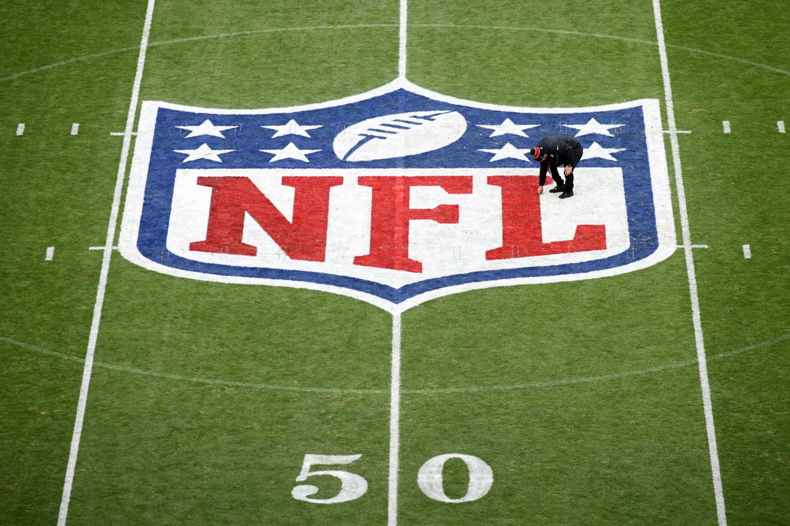 MUNICH, GERMANY - NOVEMBER 10: General view inside the stadium, as the NFL logo is seen on the pitch prior to the NFL Munich Game 2024 between New York Giants and Carolina Panthers at Allianz Arena on November 10, 2024 in Munich, Germany. (Photo by Adam Pretty/Getty Images)
