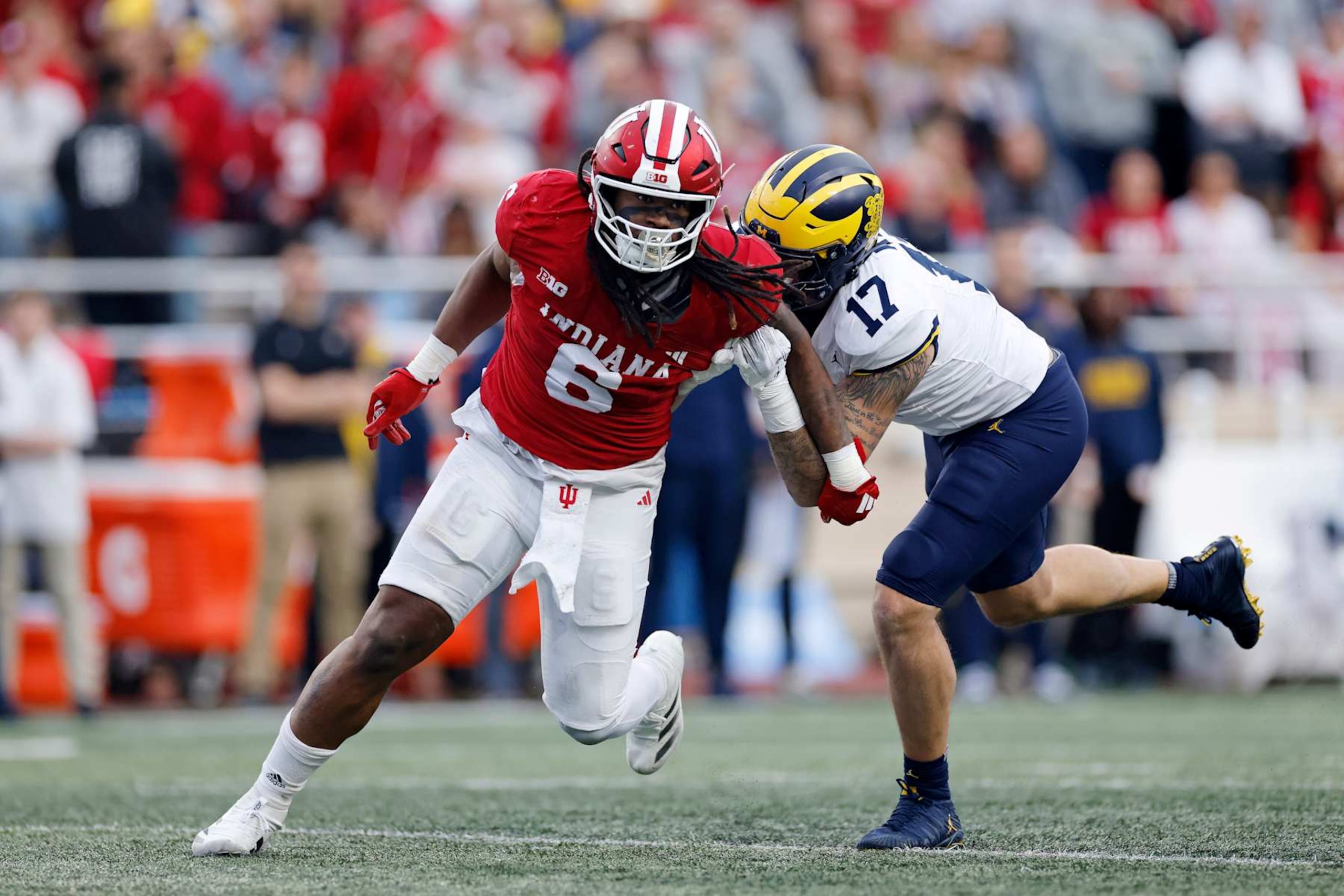 BLOOMINGTON, IN - NOVEMBER 09: Indiana Hoosiers defensive lineman Mikail Kamara (6) rushes on defense during a college football game against the Michigan Wolverines on November 09, 2024 at Memorial Stadium in Bloomington, Indiana. (Photo by Joe Robbins/Icon Sportswire via Getty Images) BLOOMINGTON, IN - NOVEMBER 09: Indiana Hoosiers defensive lineman Mikail Kamara (6) rushes on defense during a college football game against the Michigan Wolverines on November 09, 2024 at Memorial Stadium in Bloomington, Indiana. (Photo by Joe Robbins/Icon Sportswire via Getty Images)
