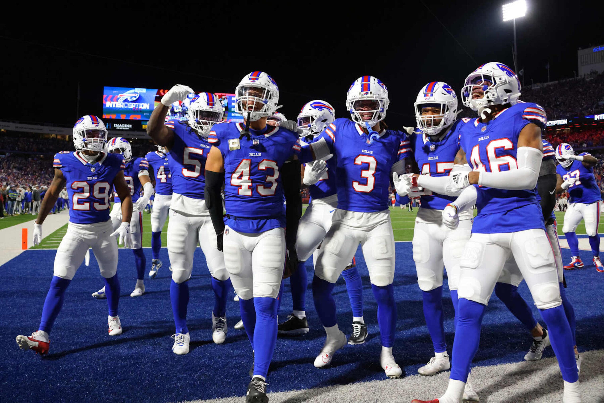 ORCHARD PARK, NEW YORK - NOVEMBER 17: Terrel Bernard #43 of the Buffalo Bills celebrates his interception with teammates against the Kansas City Chiefs during the fourth quarter at Highmark Stadium on November 17, 2024 in Orchard Park, New York. (Photo by Timothy T Ludwig/Getty Images)