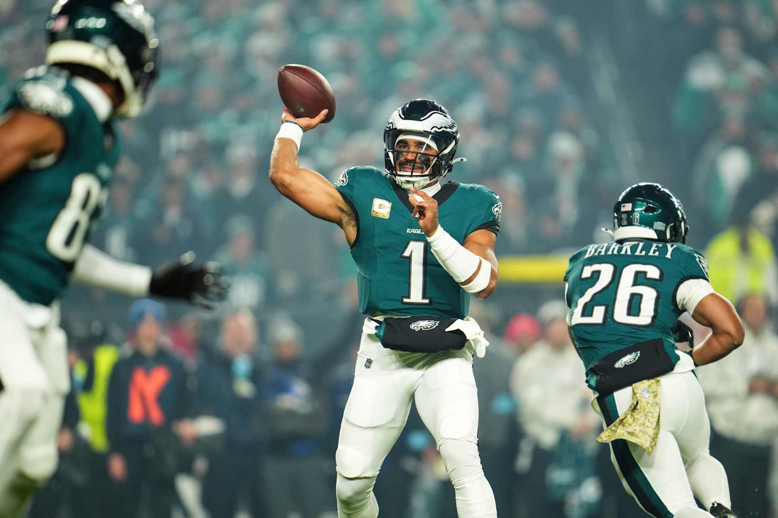 PHILADELPHIA, PA - NOVEMBER 14: Jalen Hurts #1 of the Philadelphia Eagles throws the ball during an NFL football game against the Washington Commanders at Lincoln Financial Field on November 14, 2024 in Philadelphia, Pennsylvania. (Photo by Cooper Neill/Getty Images)