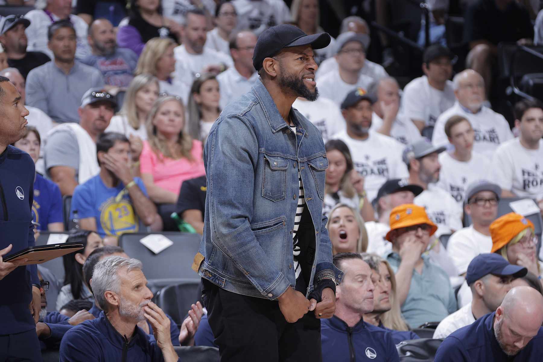 SACRAMENTO, CA - APRIL 30: Andre Iguodala #9 of the Golden State Warriors encourages teammates during Round One Game Seven of the 2023 NBA Playoffs on April 30, 2023 at Golden 1 Center in Sacramento, California. NOTE TO USER: User expressly acknowledges and agrees that, by downloading and or using this Photograph, user is consenting to the terms and conditions of the Getty Images License Agreement. Mandatory Copyright Notice: Copyright 2023 NBAE (Photo by Rocky Widner/NBAE via Getty Images)