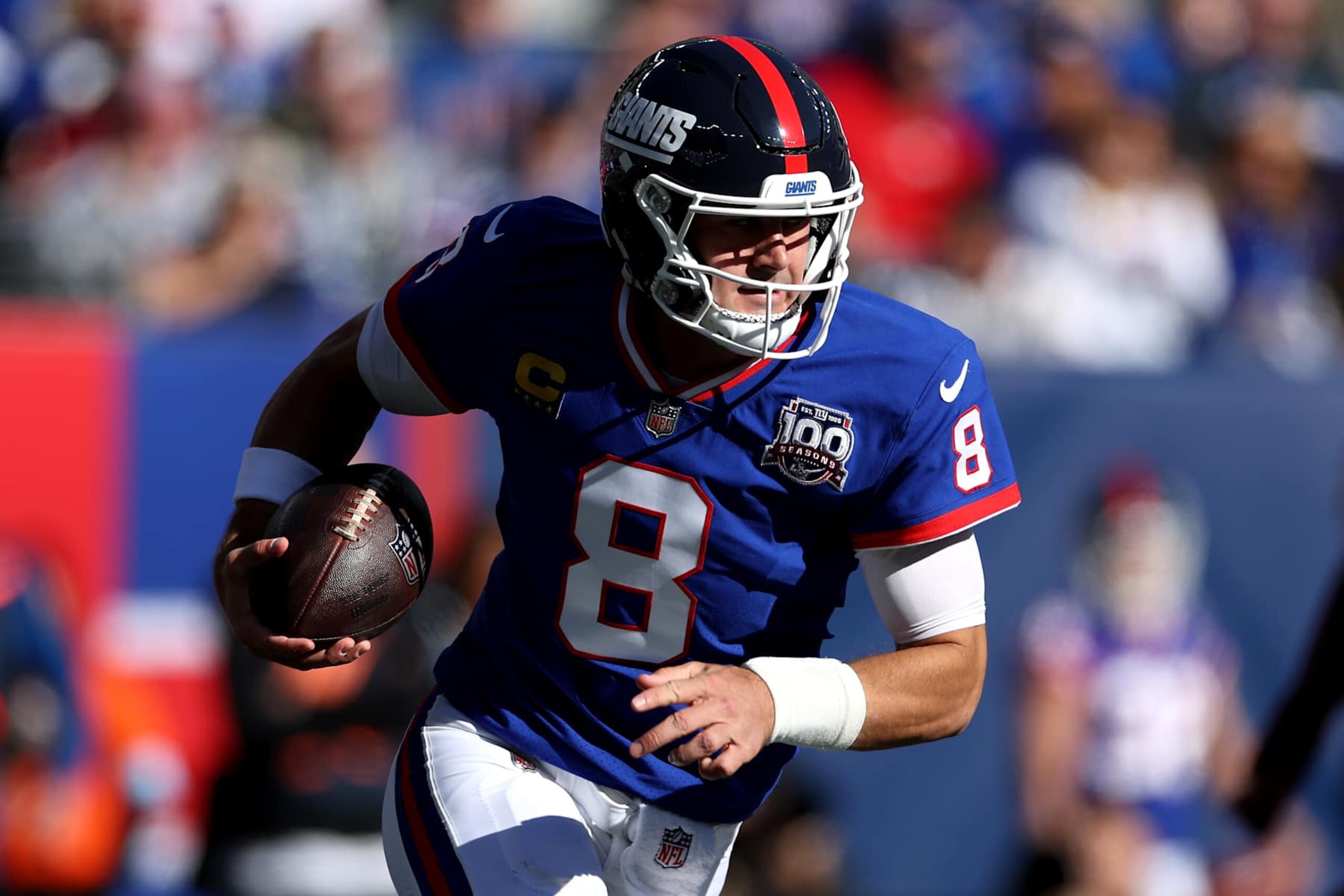 EAST RUTHERFORD, NEW JERSEY - NOVEMBER 03: Daniel Jones #8 of the New York Giants in action against the Washington Commanders at MetLife Stadium on November 03, 2024 in East Rutherford, New Jersey. (Photo by Luke Hales/Getty Images)