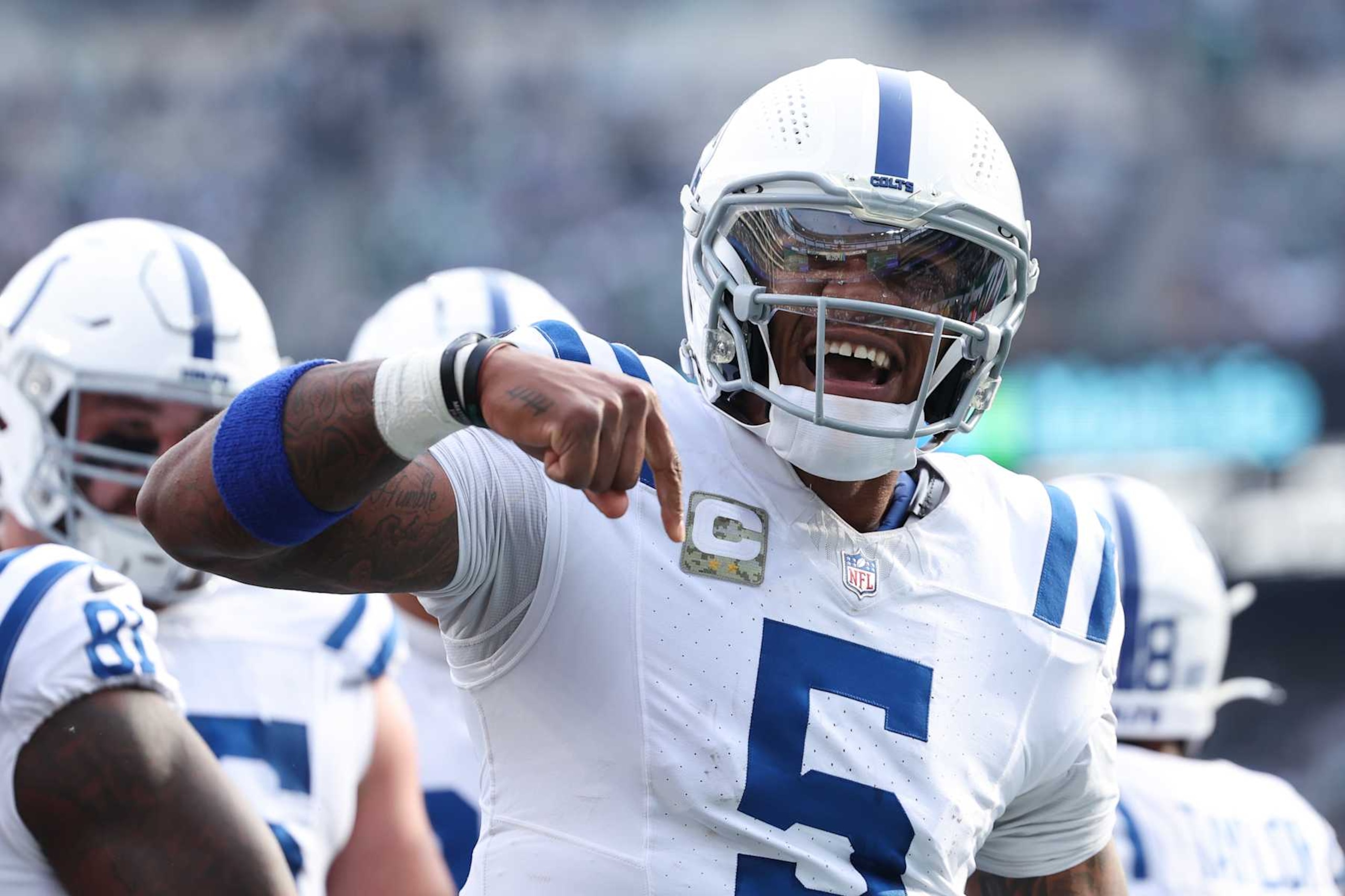 EAST RUTHERFORD, NEW JERSEY - NOVEMBER 17: Quarterback Anthony Richardson #5 of the Indianapolis Colts celebrates a second quarter touchdown against the New York Jets at MetLife Stadium on November 17, 2024 in East Rutherford, New Jersey. (Photo by Luke Hales/Getty Images)