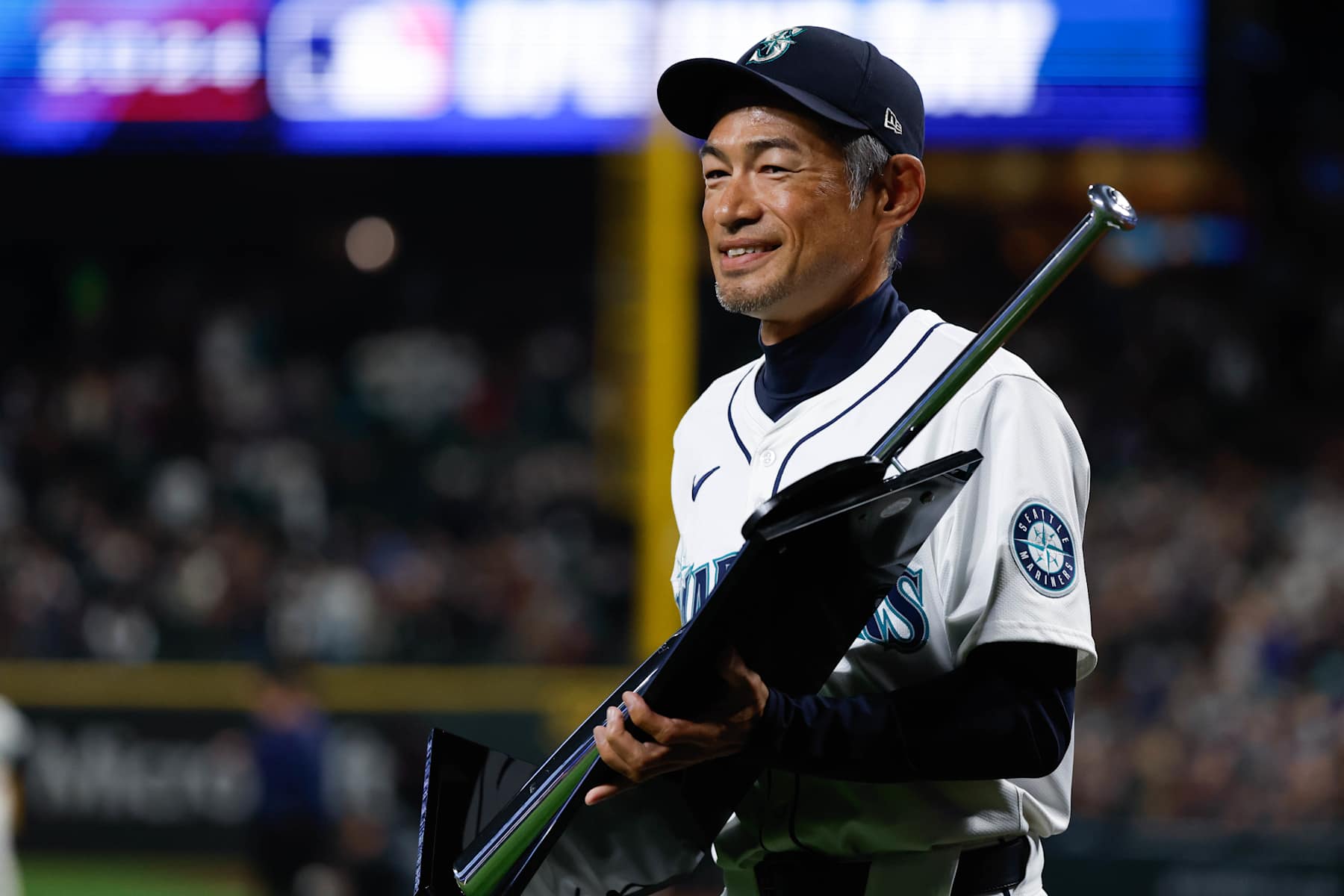 SEATTLE, WA - MARCH 28: Ichiro Suzuki presents the Silver Slugger award to Julio Rodriguez #44 of the Seattle Mariners prior to the game between the Boston Red Sox and the Seattle Mariners at T-Mobile Park on Thursday, March 28, 2024 in Seattle, Washington. (Photo by Joe Nicholson/MLB Photos via Getty Images) SEATTLE, WA - MARCH 28: Ichiro Suzuki presents the Silver Slugger award to Julio Rodriguez #44 of the Seattle Mariners prior to the game between the Boston Red Sox and the Seattle Mariners at T-Mobile Park on Thursday, March 28, 2024 in Seattle, Washington. (Photo by Joe Nicholson/MLB Photos via Getty Images)