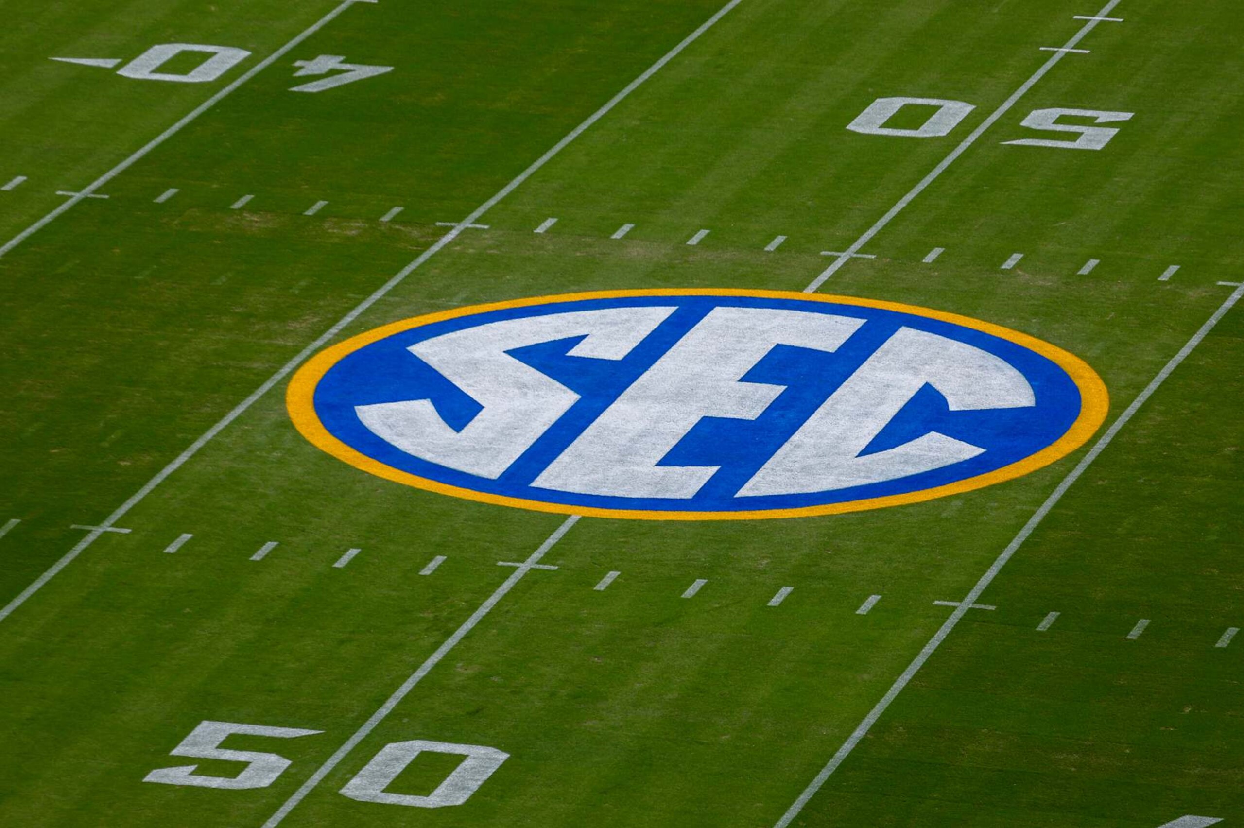 JACKSONVILLE, FL - NOVEMBER 02: The Southeastern Conference (SEC) logo at midfield for the game between the Georgia Bulldogs and the Florida Gators on November 2, 2024 at EverBank Stadium in Jacksonville, Fl. (Photo by David Rosenblum/Icon Sportswire via Getty Images)