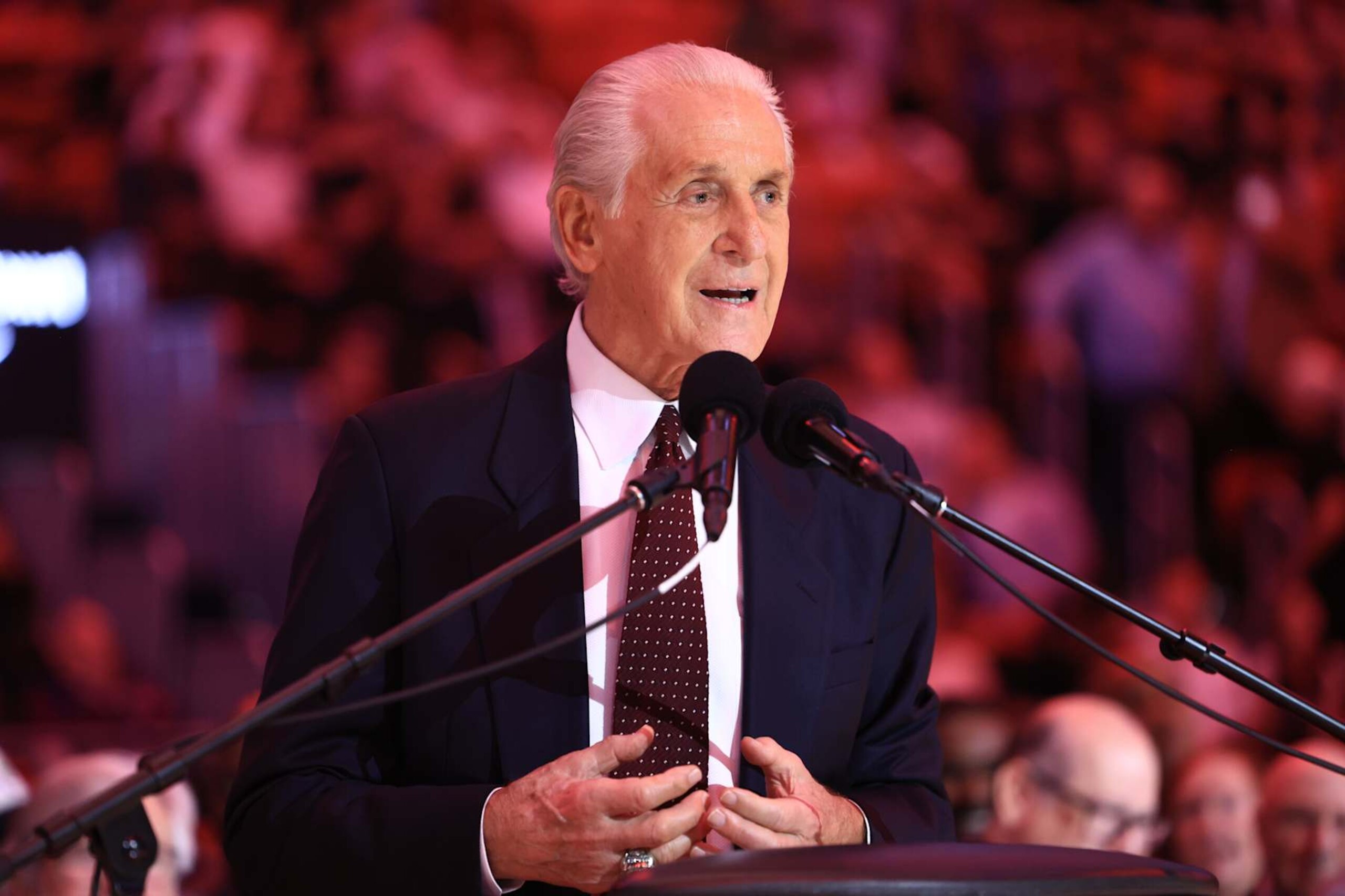 MIAMI, FLORIDA - OCTOBER 23: Pat Riley speaks during a ceremony celebrating his court dedication at Kaseya Center on October 23, 2024 in Miami, Florida. NOTE TO USER: User expressly acknowledges and agrees that, by downloading and or using this photograph, User is consenting to the terms and conditions of the Getty Images License Agreement. (Photo by Carmen Mandato/Getty Images)